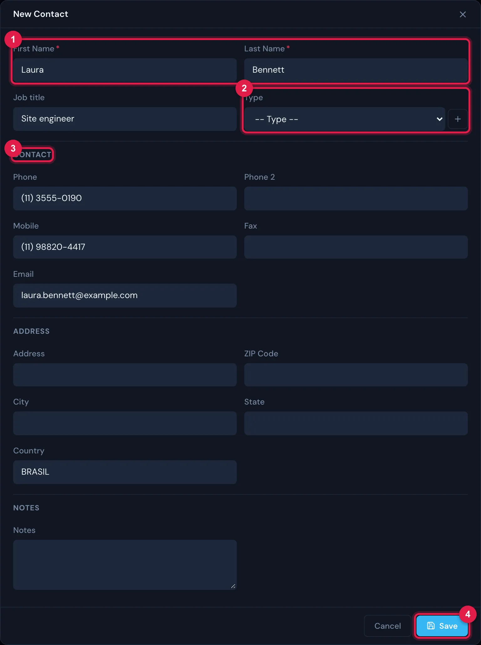 The New Contact form: First Name, Last Name, Job title, Type; Contact (phones, fax and e-mail); Address; Notes.