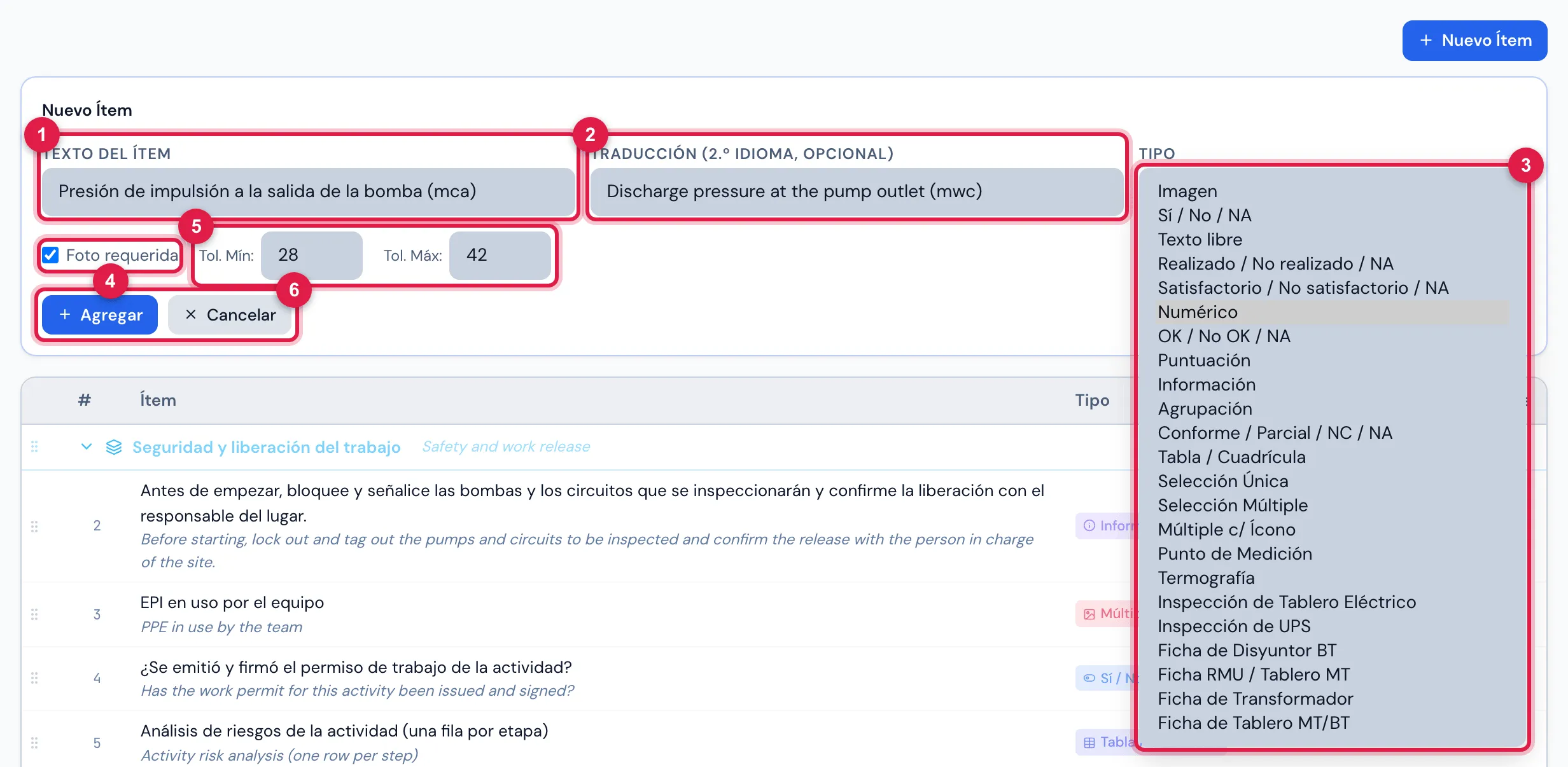 Nuevo Ítem de tipo Numérico (sin guardar): "Presión de impulsión a la salida de la bomba (mca)", la traducción al inglés, la lista Tipo abierta con los 23 tipos, el rango aceptable en Tol. Mín: y Tol. Máx: y la foto exigida.