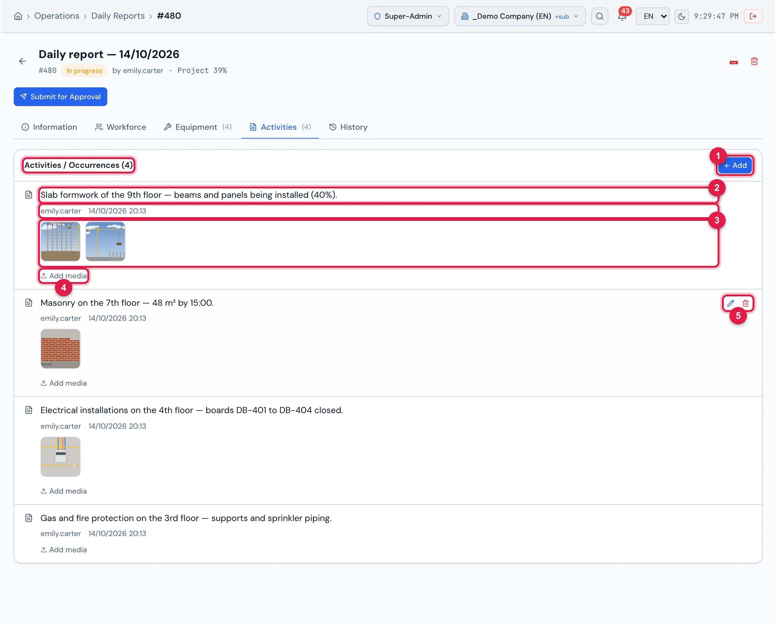 The Activities tab of a daily report of Vila Nova Residential — Tower 1: the day's activities, with the photos of each one.