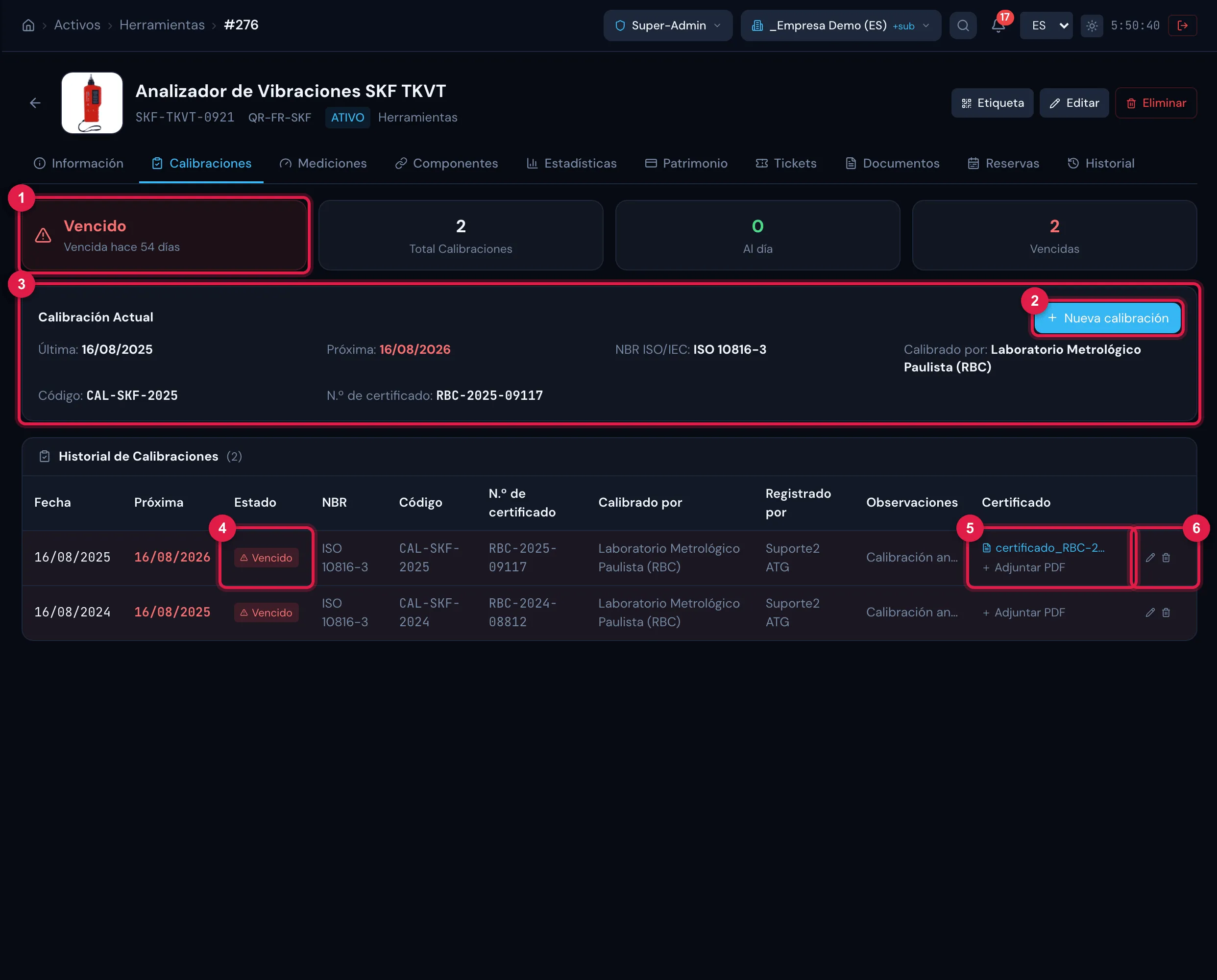 Pestaña Calibraciones de una herramienta con la calibración vencida: la tarjeta de situación (Vencido, "Vencida hace N días"), el total de calibraciones, las tarjetas Al día y Vencidas, la Calibración Actual y el Historial de Calibraciones con los certificados.