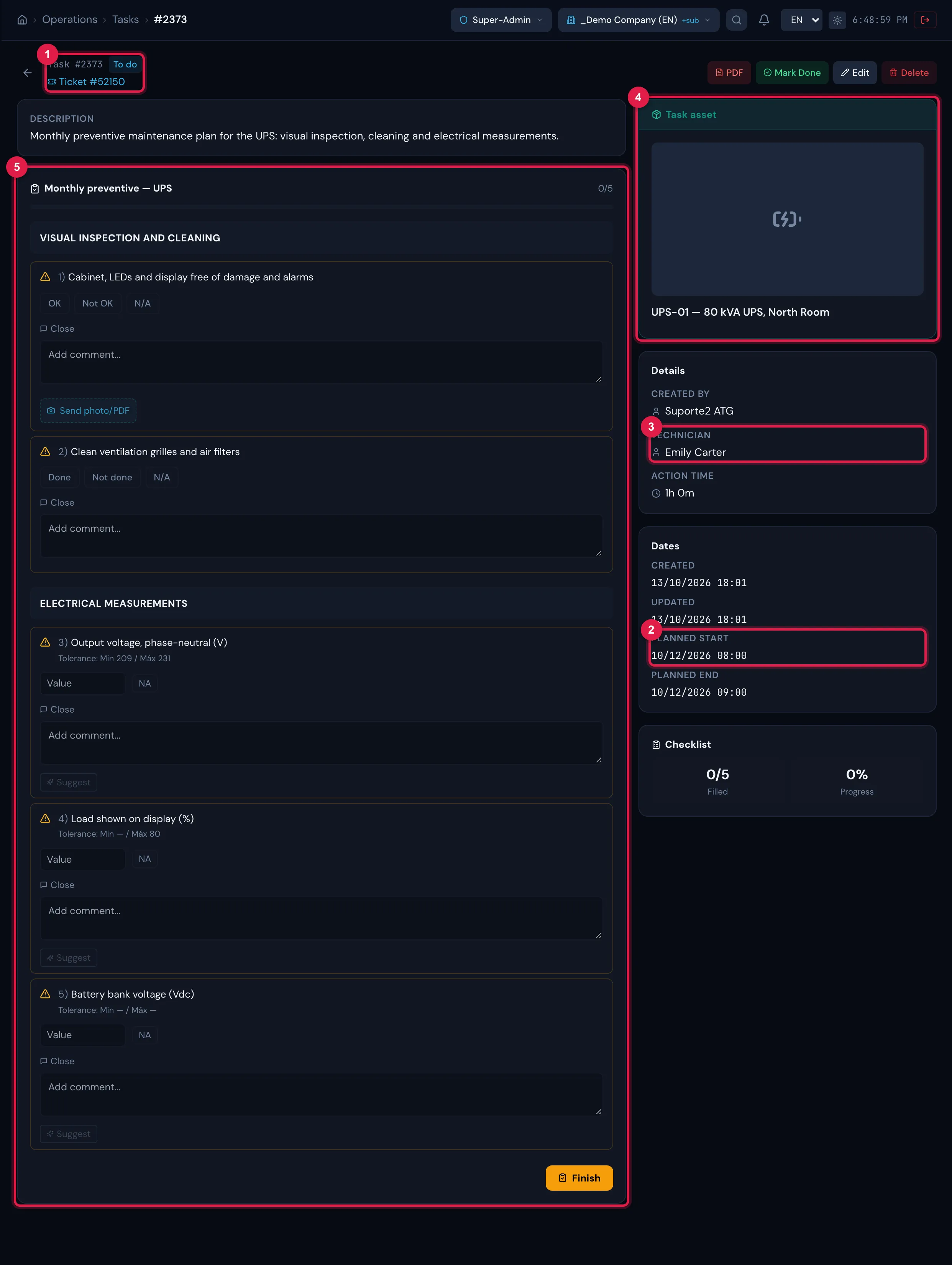 The task of the generated ticket, opened from the ticket's Tasks tab: the planned start at 08:00, the plan's technician, the Task asset and the template's checklist.