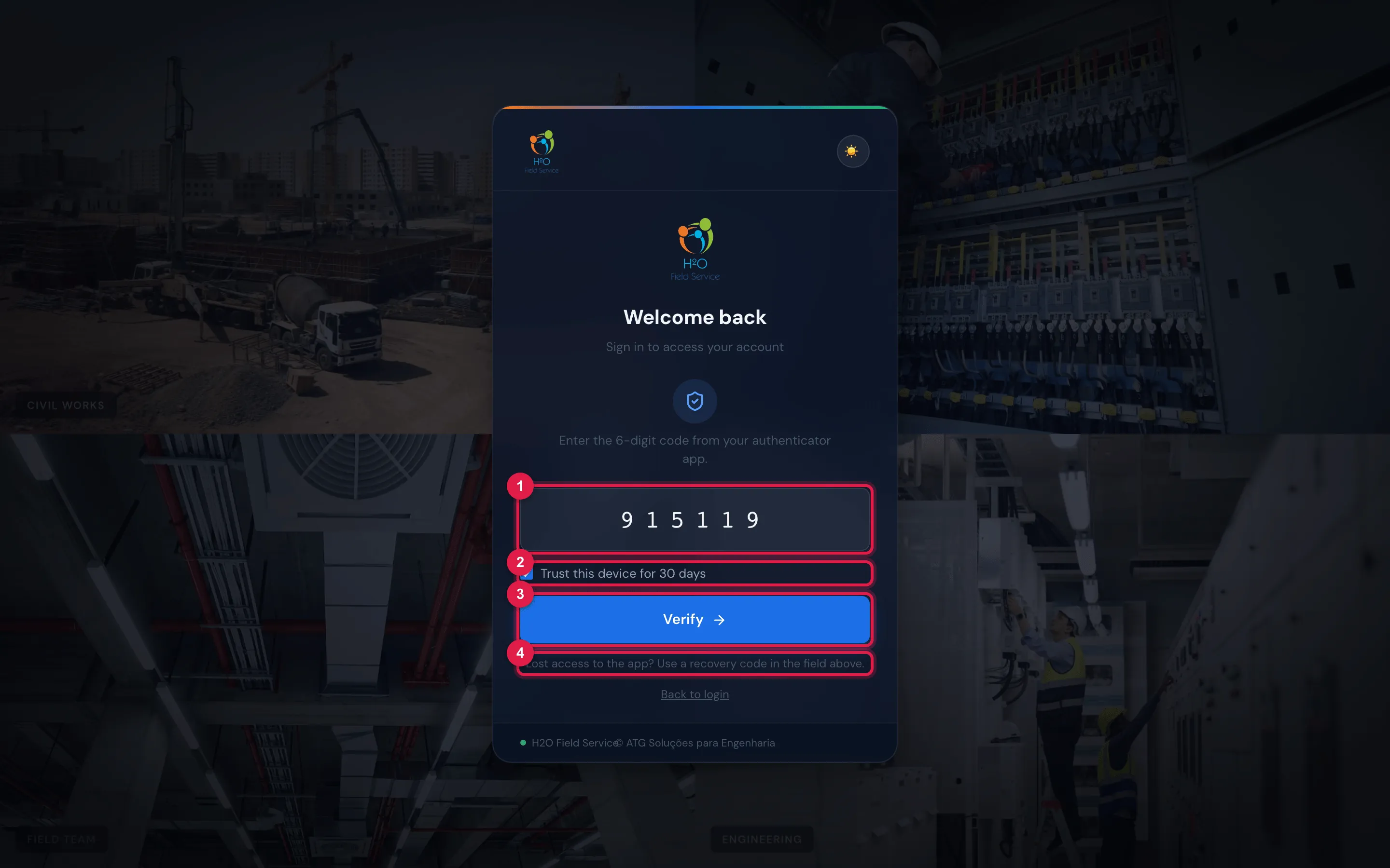 The code request at sign-in: the 6-digit field (here, with a code already typed), the Trust this device for 30 days box ticked, the Verify button, the hint Lost access to the app? Use a recovery code in the field above. and the Back to login link.