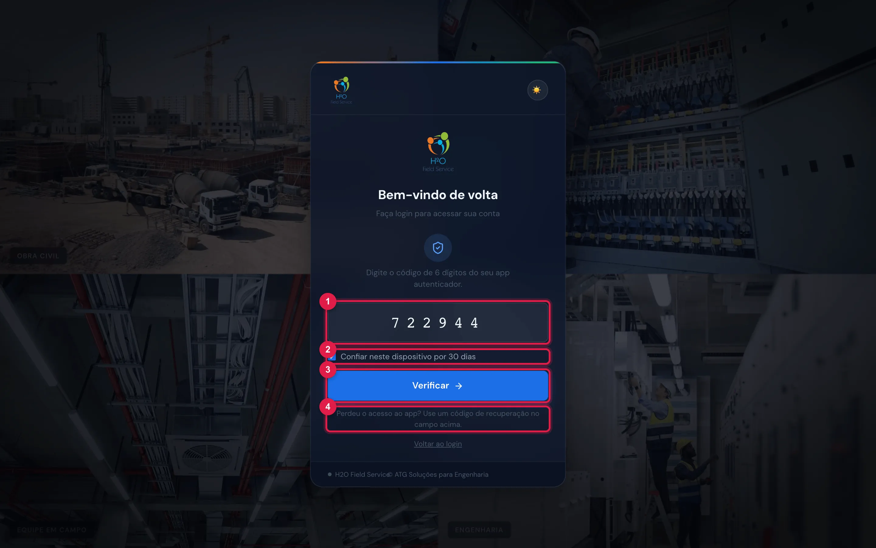 O pedido do código na entrada: o campo de 6 dígitos (aqui, com um código já digitado), a caixa Confiar neste dispositivo por 30 dias marcada, o botão Verificar, a dica Perdeu o acesso ao app? Use um código de recuperação no campo acima. e o link Voltar ao login.