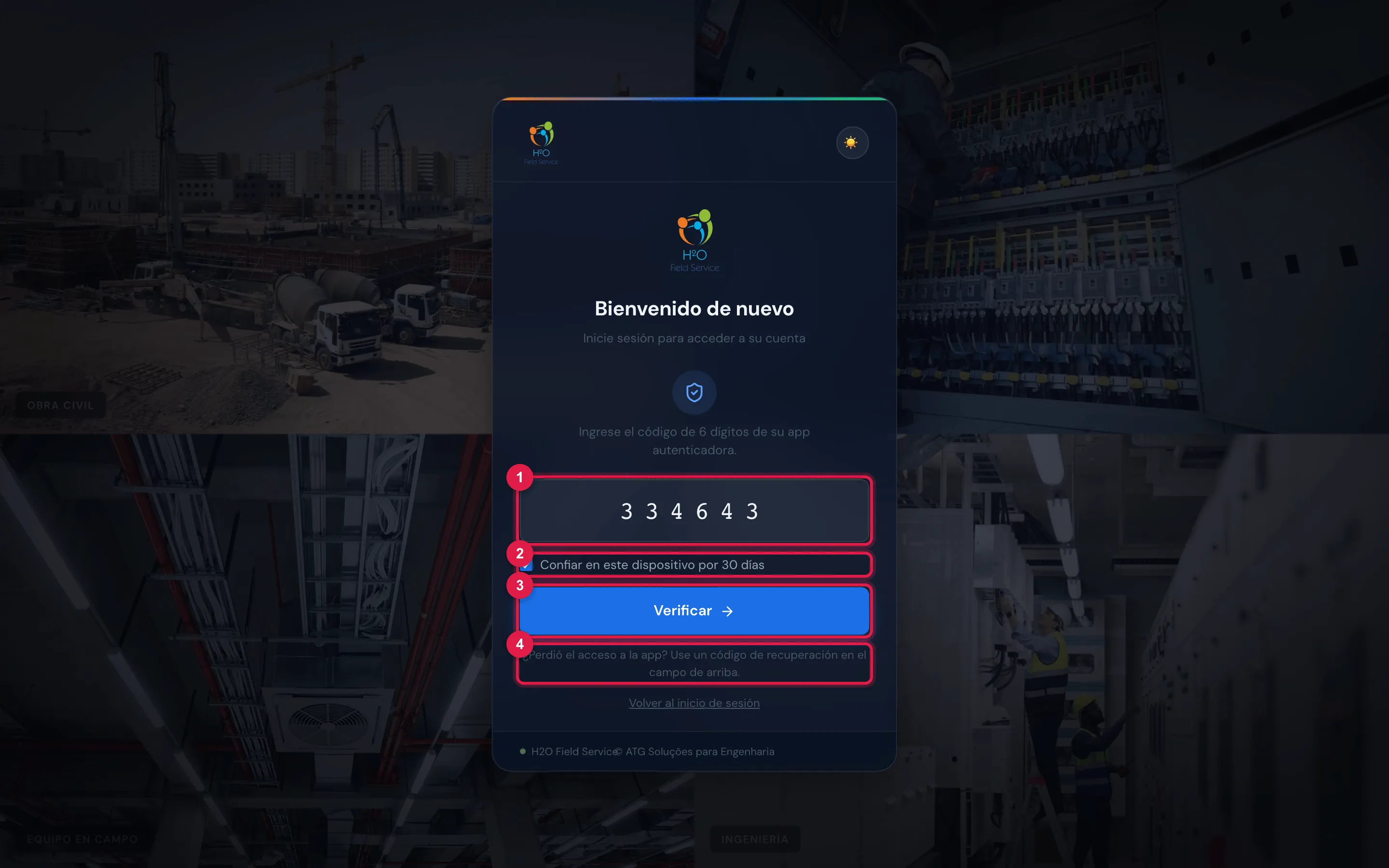 El pedido del código al ingresar: el campo de 6 dígitos (aquí, con un código ya escrito), la casilla Confiar en este dispositivo por 30 días marcada, el botón Verificar, la sugerencia ¿Perdió el acceso a la app? Use un código de recuperación en el campo de arriba. y el enlace Volver al inicio de sesión.
