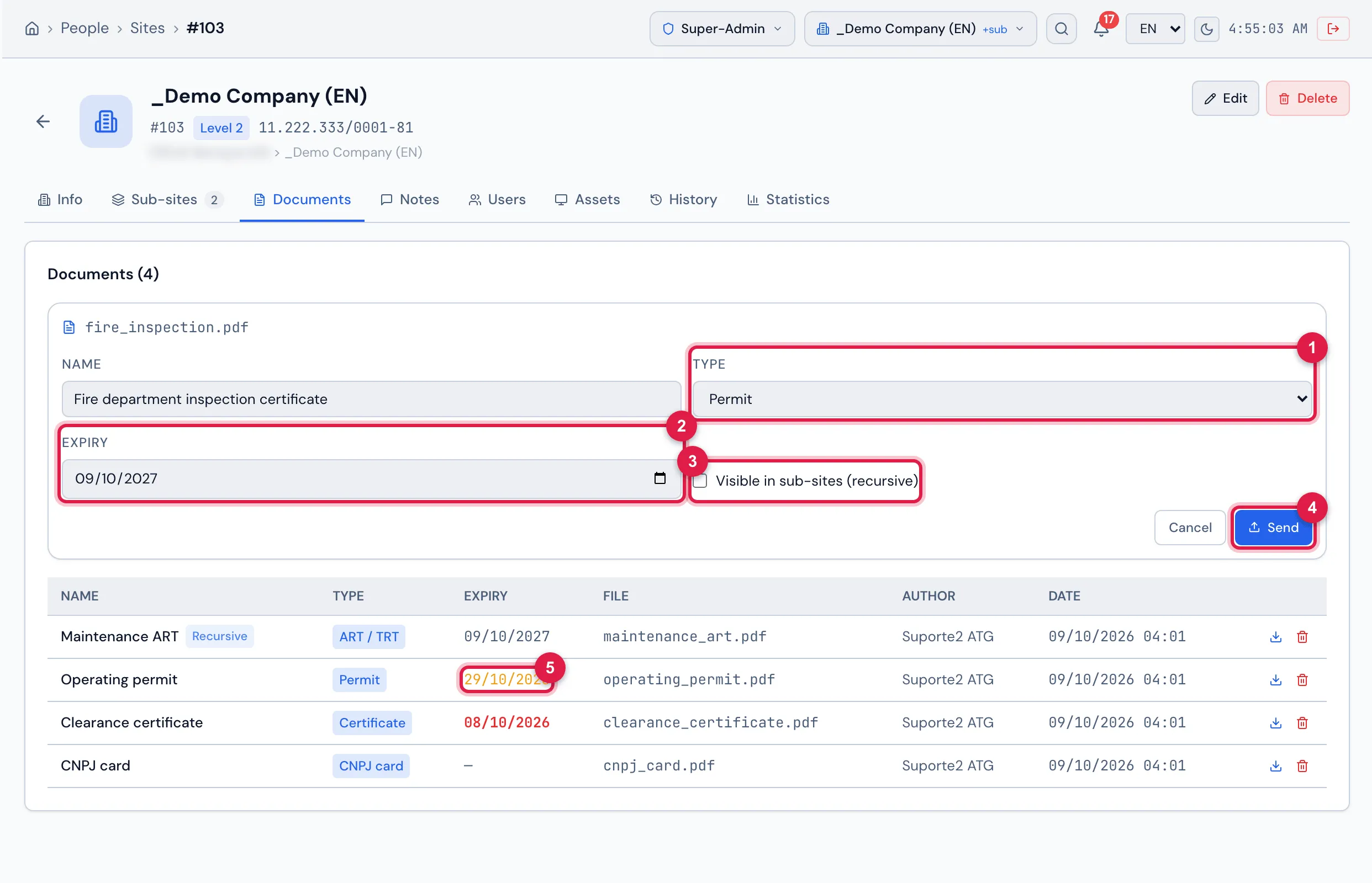 Documents tab with the upload box open: the name of the chosen file, the Name, Type and Expiry fields, the Visible in sub-sites (recursive) box and the Cancel and Send buttons; below, the list with the documents already uploaded.