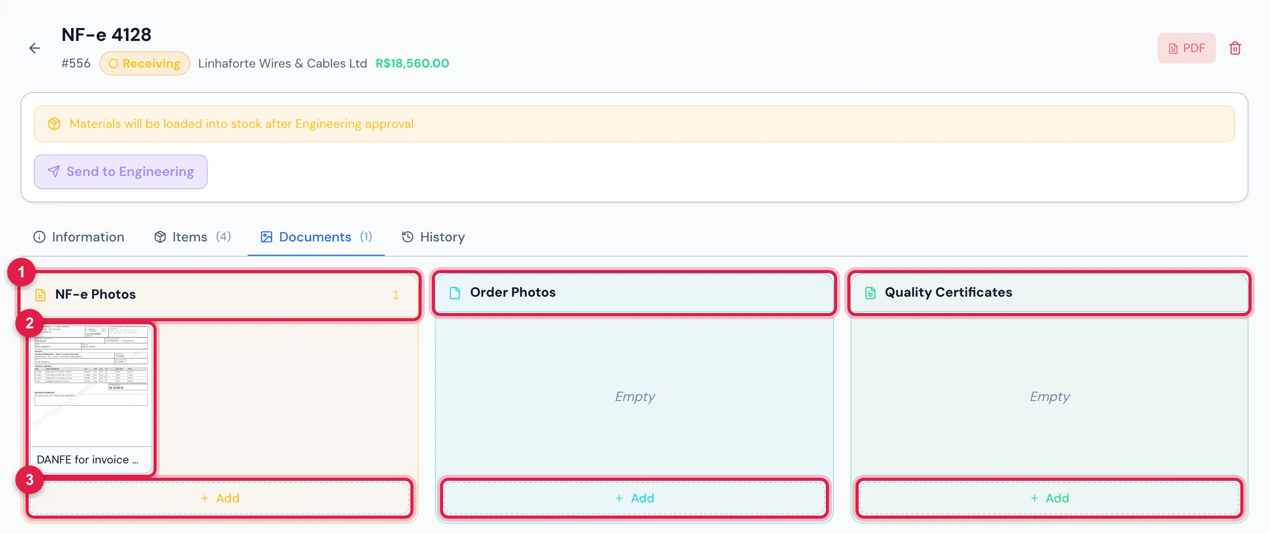 The Documents tab of invoice 4128, Receiving: the DANFE attached and the Add of each column.