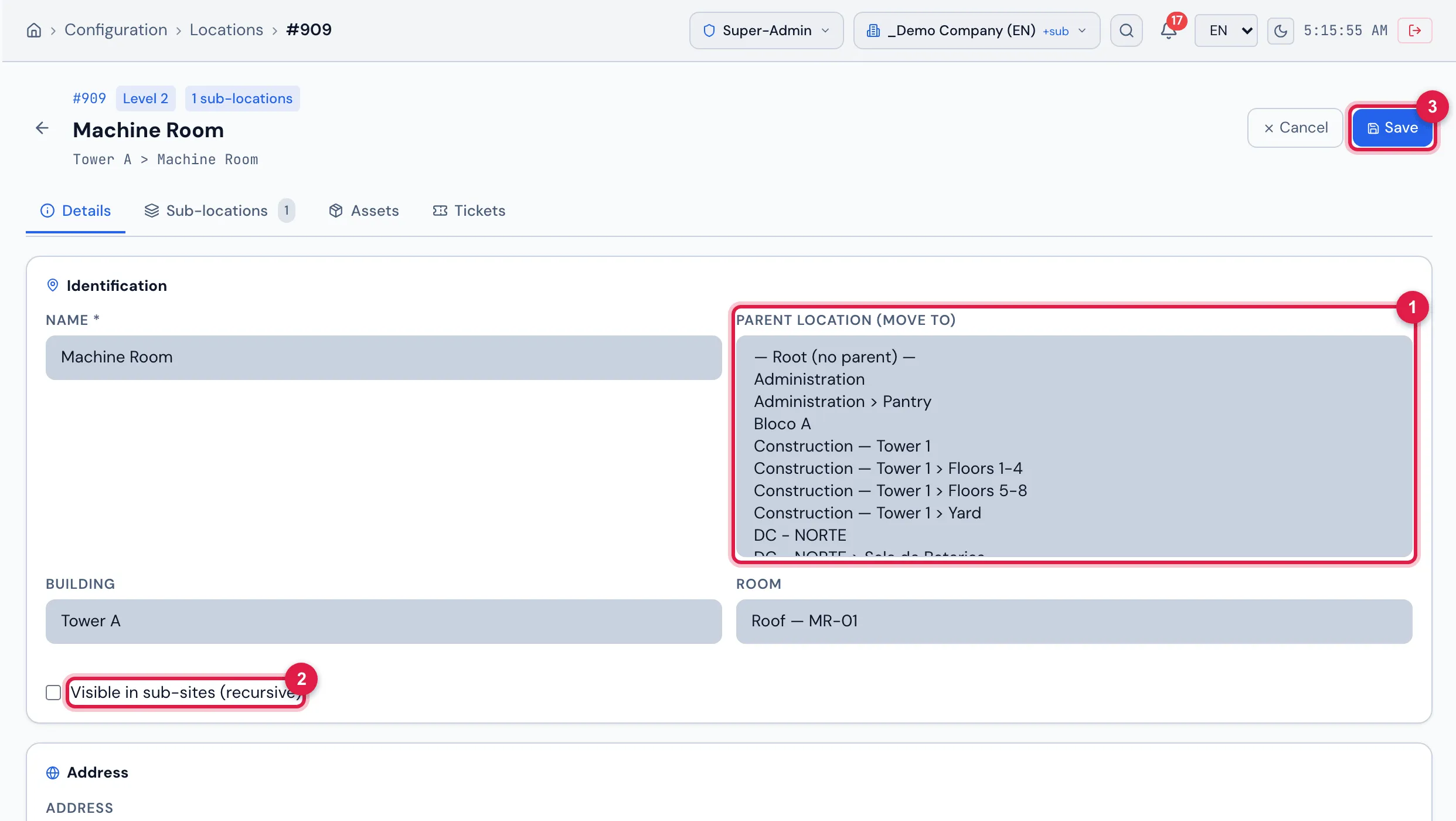 Record being edited: the Parent location (move to) field open with — Root (no parent) — and the paths of the other locations; on the right, Cancel and Save.