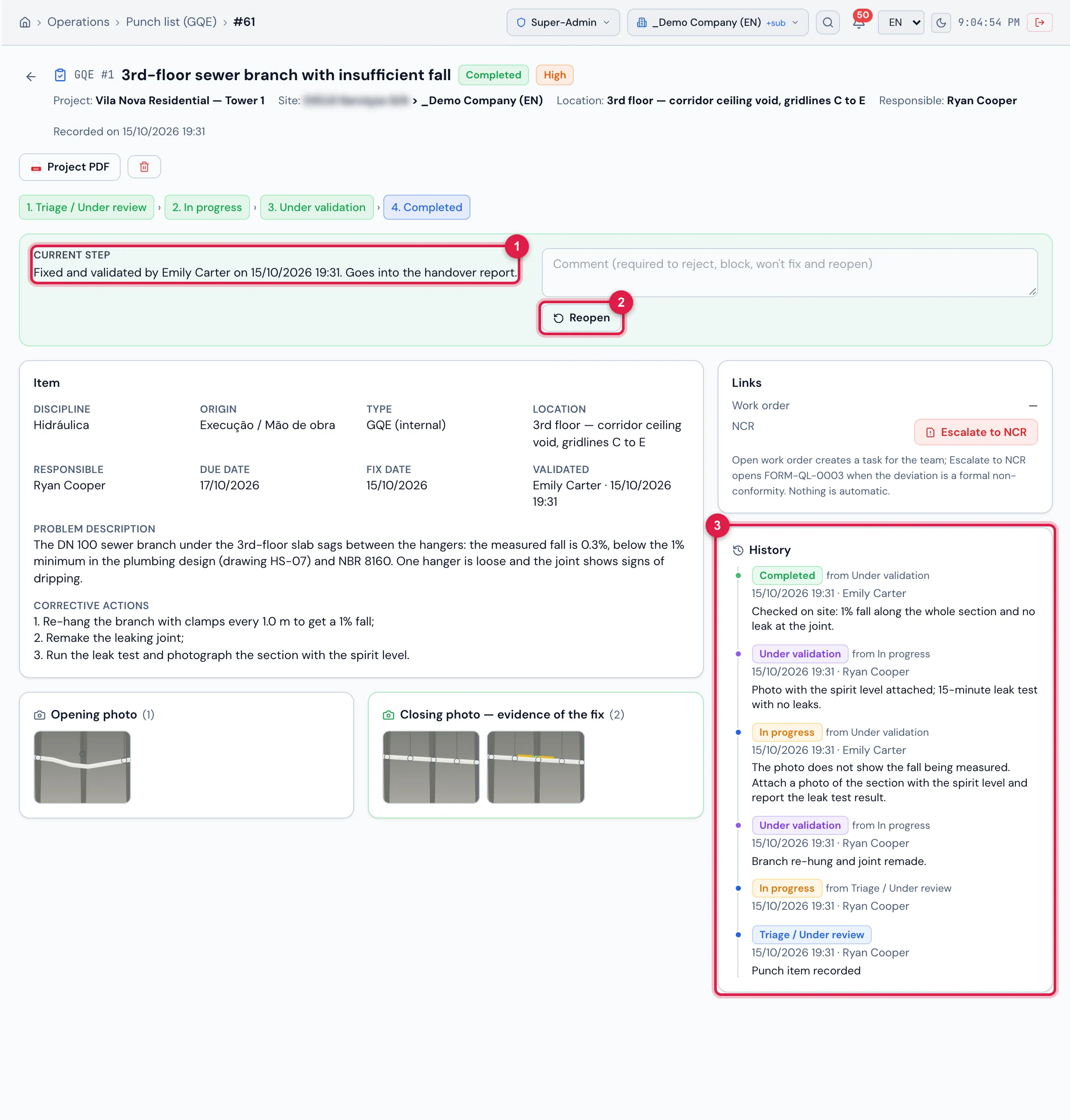 GQE #1 "3rd-floor sewer branch with insufficient fall", Completed: the green box with who validated and when, the opening photo and the two closing ones, and the history with one rejection.