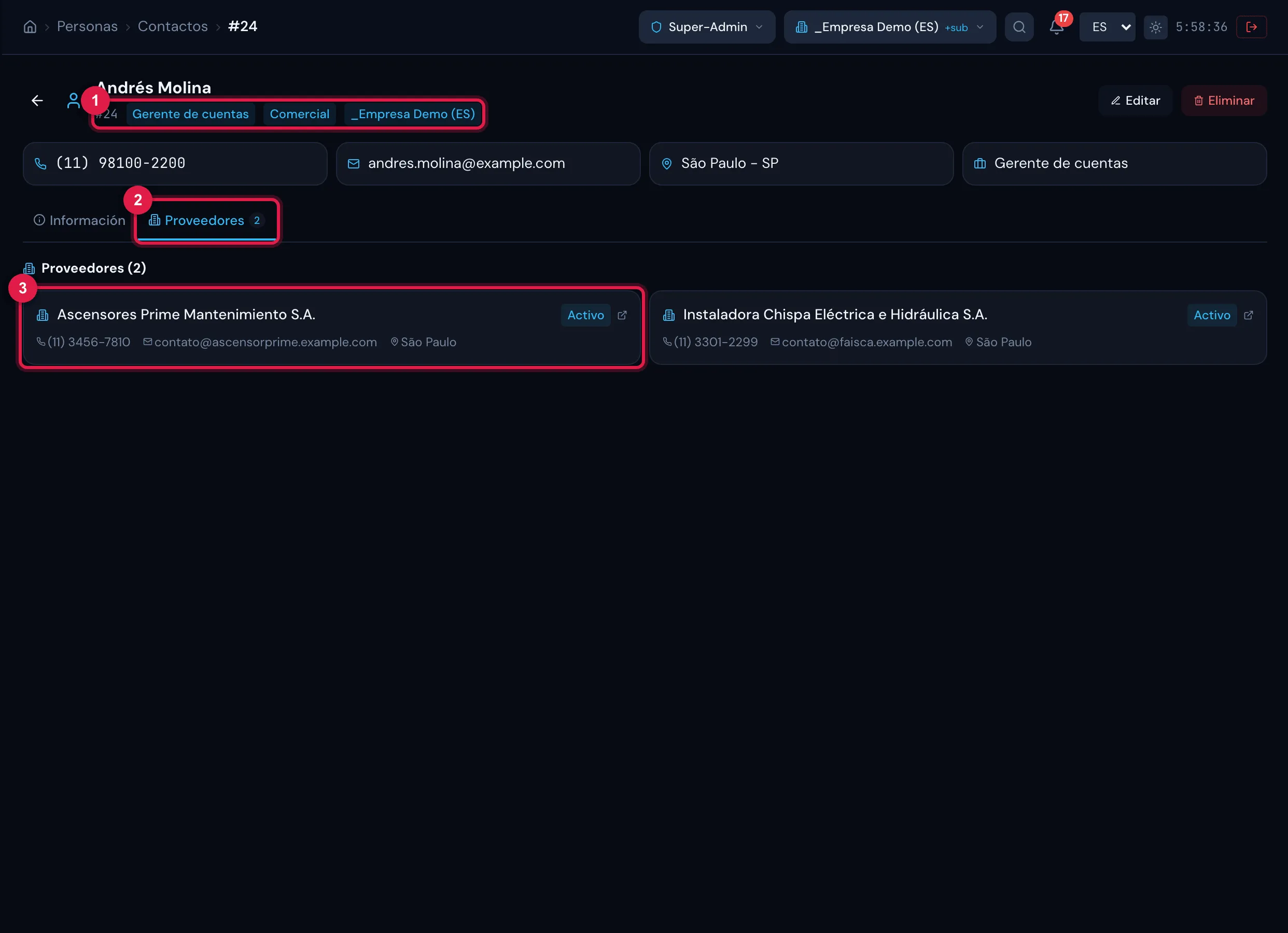 Ficha de un contacto, pestaña Proveedores: las empresas a las que está vinculado.