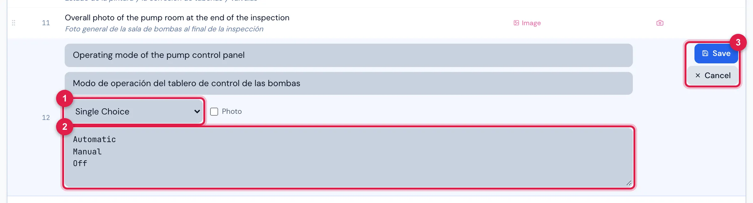 The item Operating mode of the pump control panel (Single Choice) being edited: Automatic, Manual and Off, one per line.
