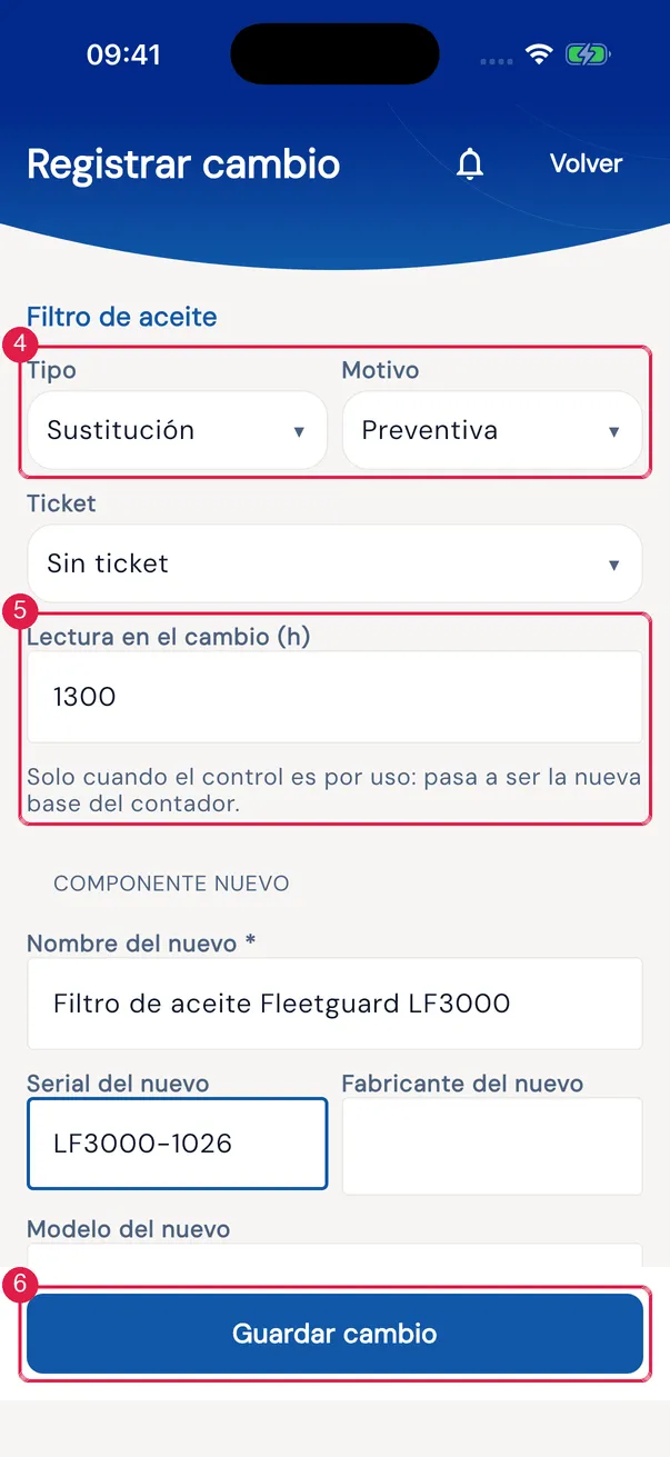Registrar cambio: Tipo, Motivo, Ticket, Lectura en el cambio y el componente nuevo.