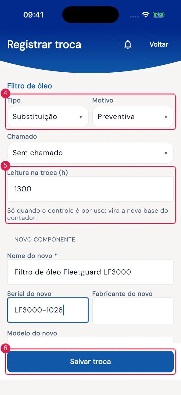 Registrar troca: Tipo, Motivo, Chamado, Leitura na troca e o novo componente.