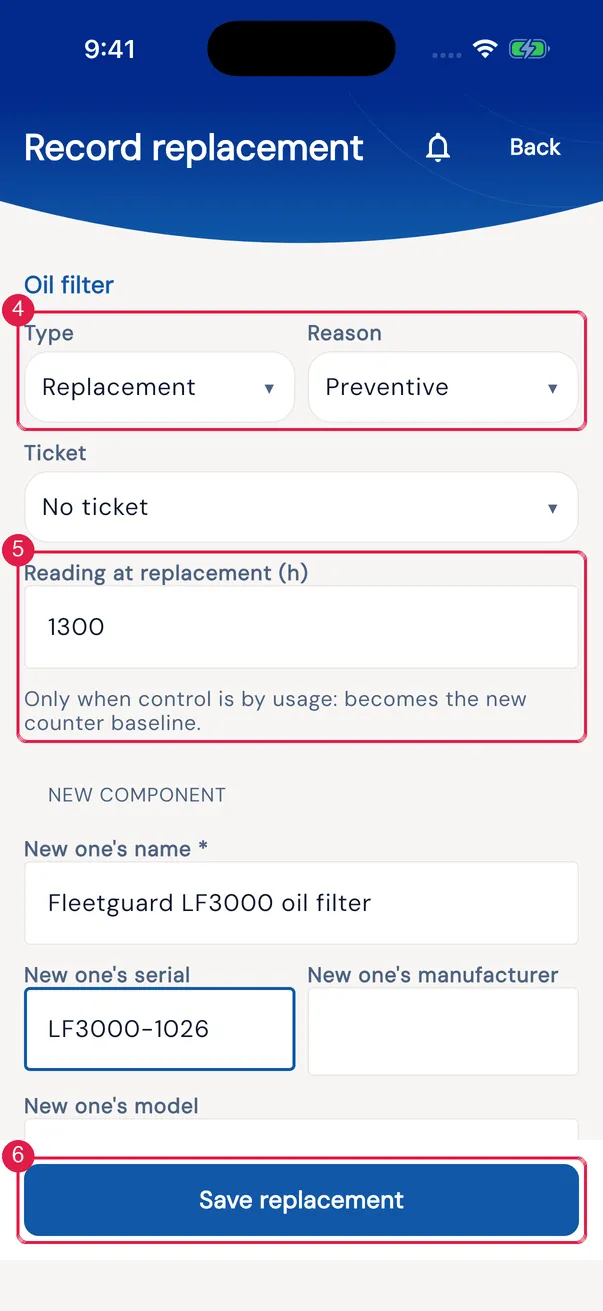Record replacement: Type, Reason, Ticket, Reading at replacement and the new component.
