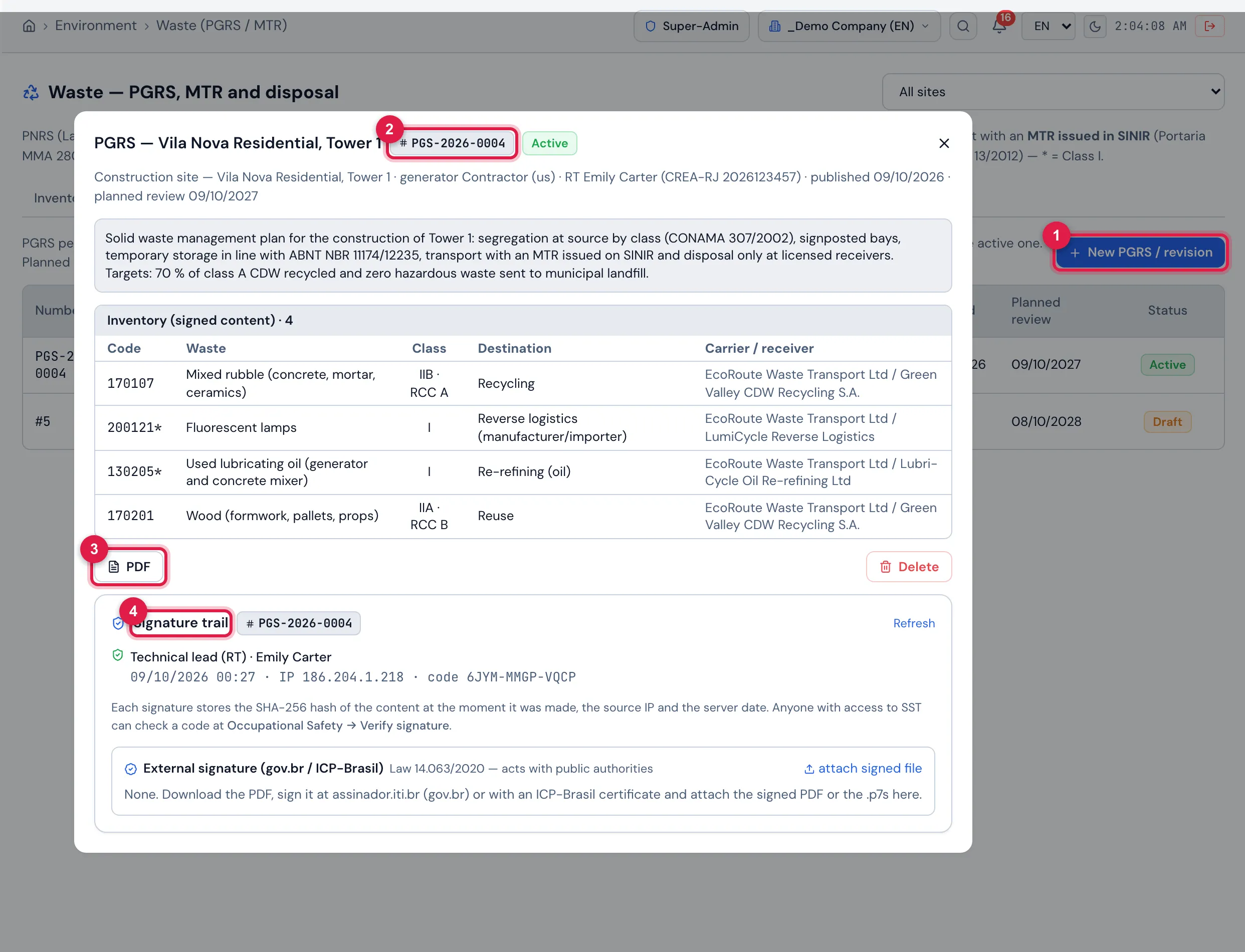The PGRS tab with the active plan open: PGS-2026-0004 · rev. 1, Active, published on 09/10/2026 with planned review on 09/10/2027; the plan text, the Inventory (signed content) with the four wastes frozen at publication, the PDF button and the Signature trail with the signature of the person who published (date, IP and verifiable code). In the background, the list of plans, with a Draft of revision 2.