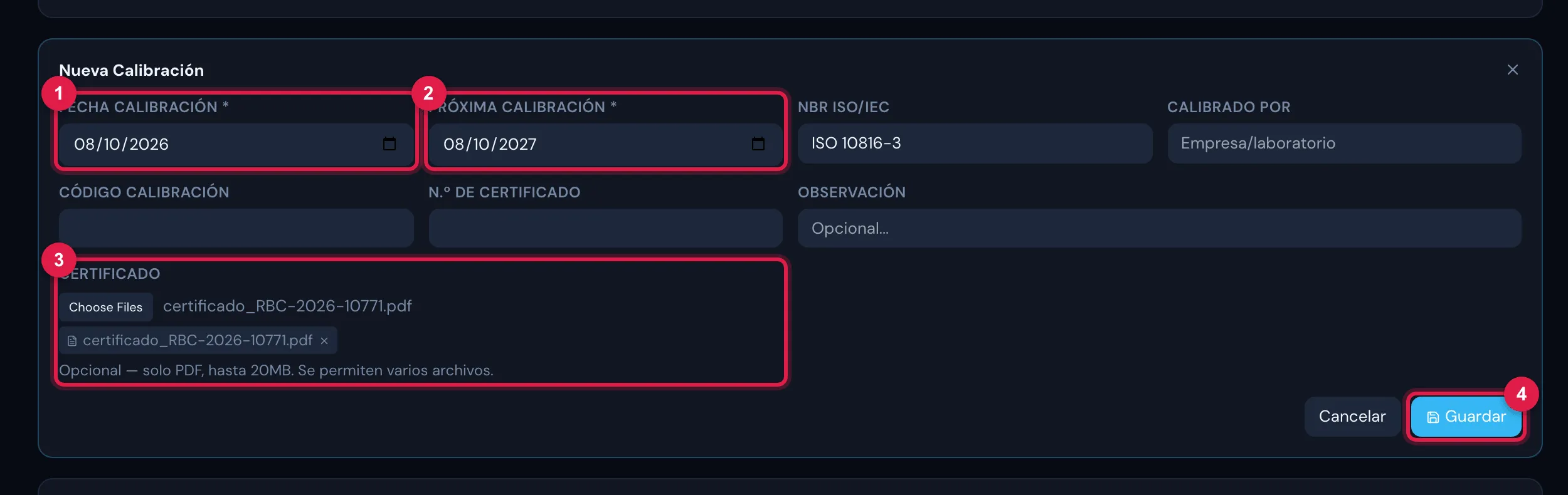 El formulario Nueva Calibración: Fecha Calibración y Próxima Calibración (calculada con el intervalo), NBR ISO/IEC, Calibrado por, Código Calibración, N.º de certificado, Observación y el campo Certificado para PDF.