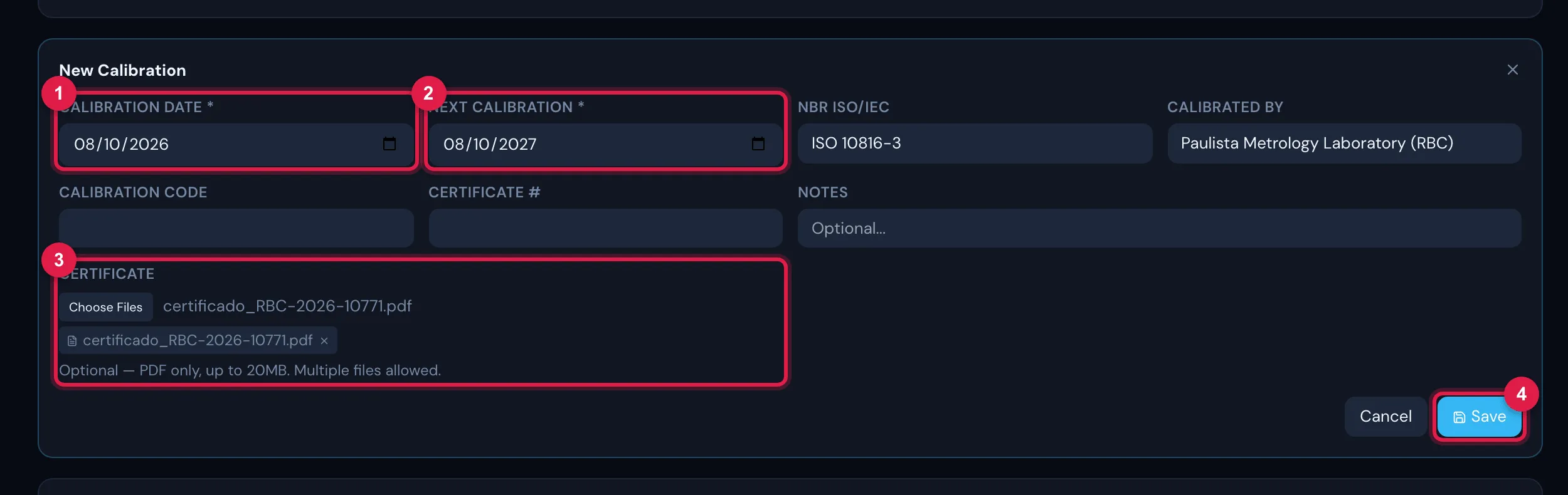 The New Calibration form: Calibration Date and Next Calibration (calculated from the interval), NBR ISO/IEC, Calibrated By, Calibration Code, Certificate #, Notes and the Certificate field for PDFs.