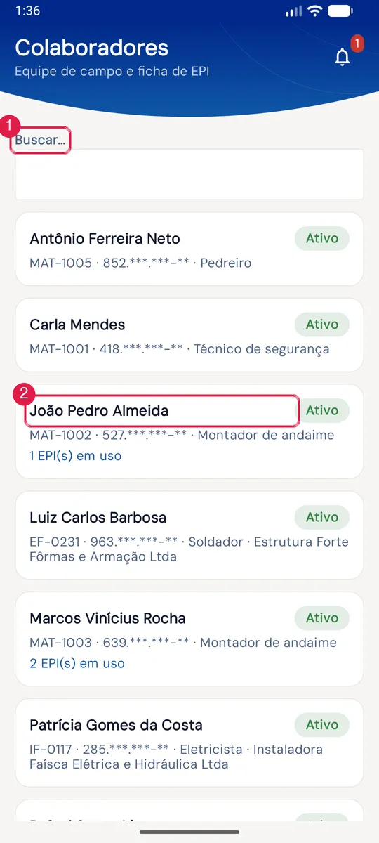 Colaboradores no app.