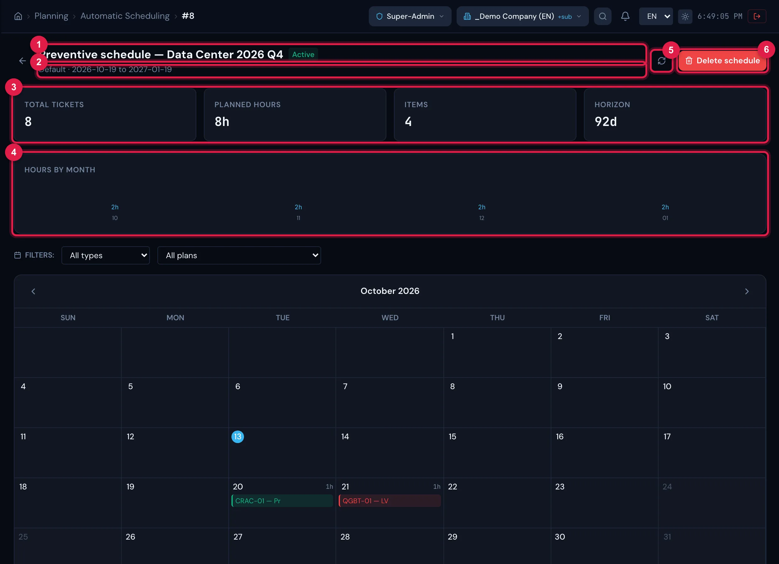 The schedule page: name and status, calendar and period, the four summary cards and the Hours by Month chart.