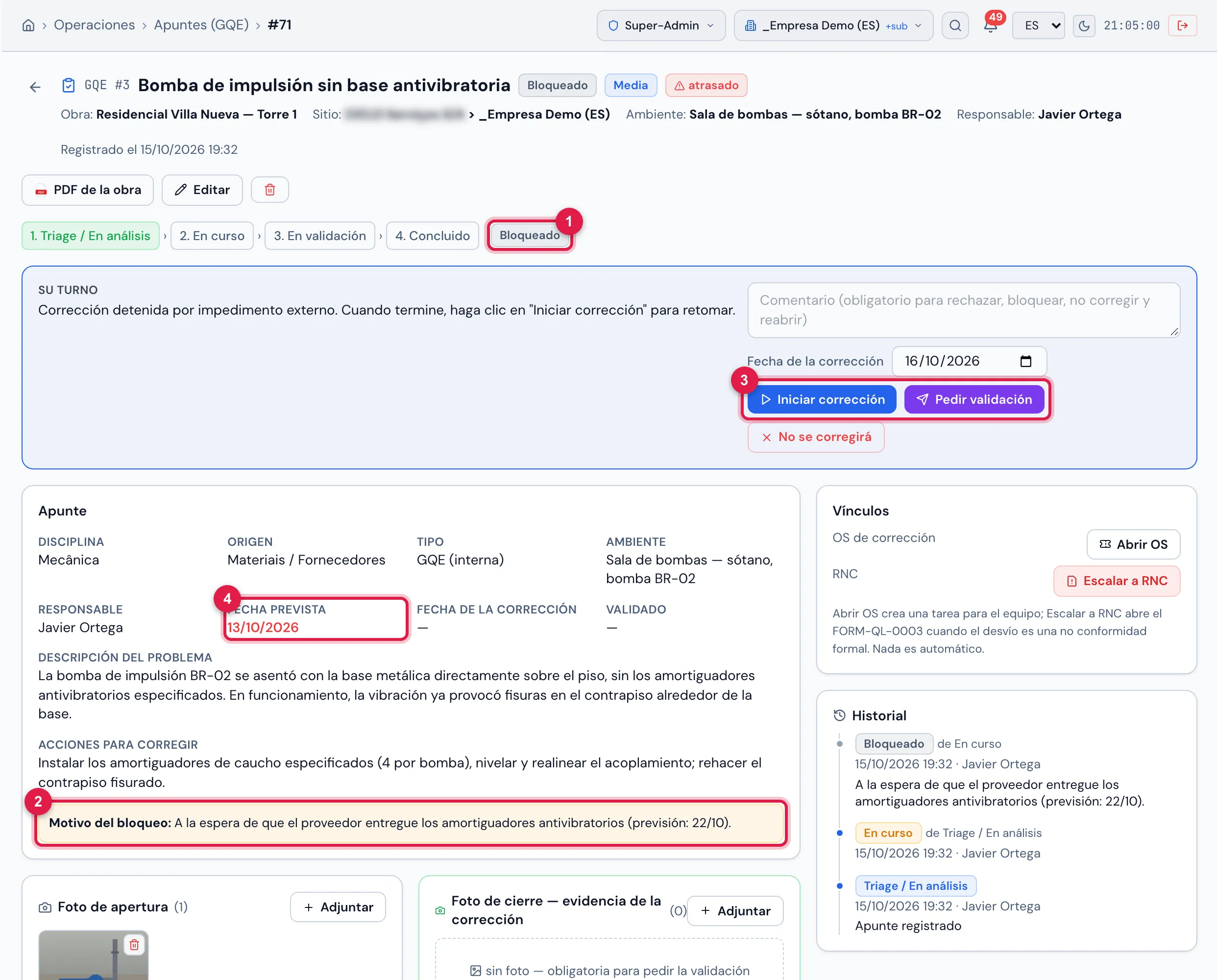 El GQE #3 "Bomba de impulsión sin base antivibratoria", Bloqueado a la espera del proveedor: el motivo destacado y el plazo vencido en rojo.