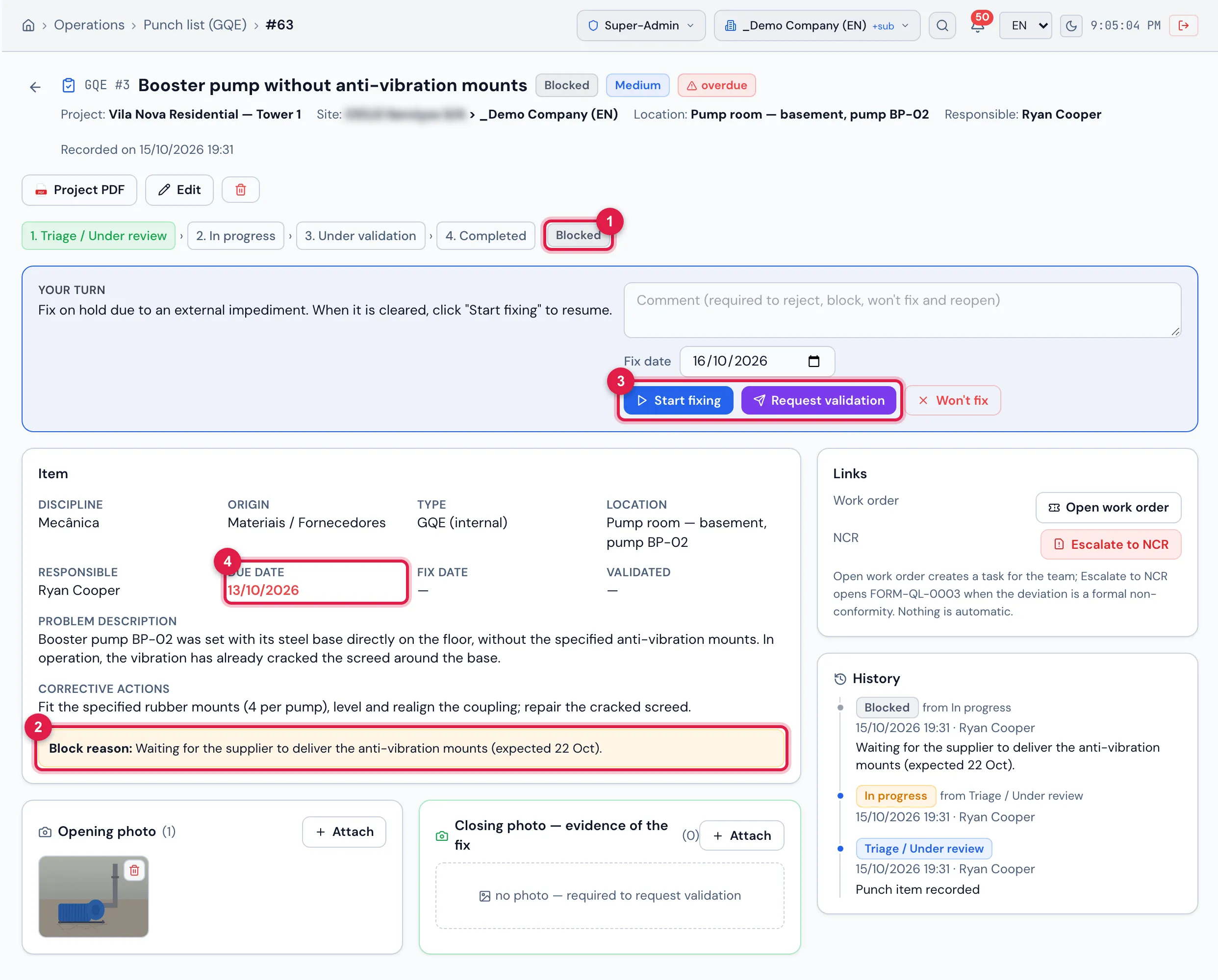 GQE #3 "Booster pump without anti-vibration mounts", Blocked waiting for the supplier: the reason highlighted and the due date passed, in red.