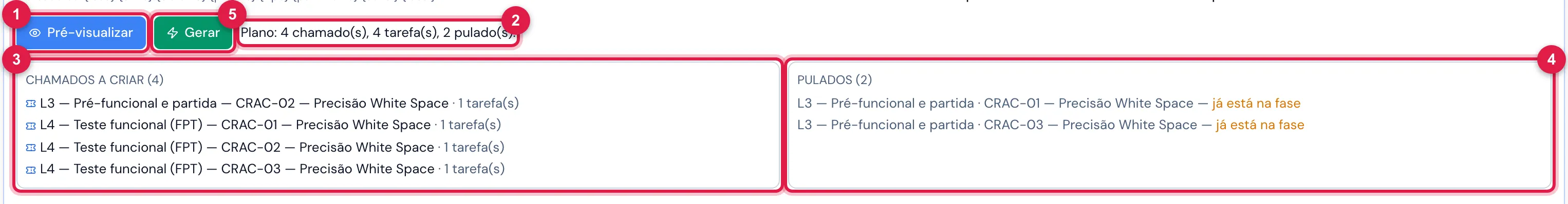 Pré-visualizar: o plano com os chamados a criar e os pares pulados, com o motivo — nada foi gravado ainda.