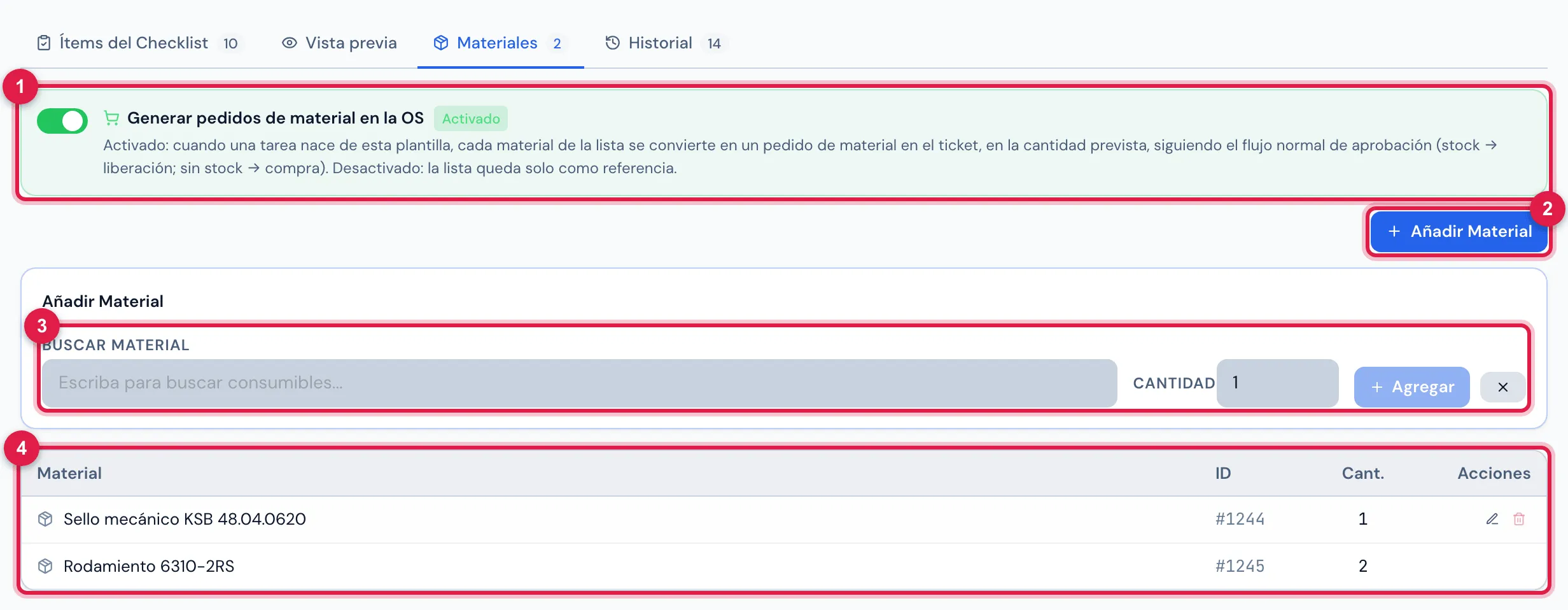 Pestaña Materiales de Cambio del sello mecánico — bomba de impulsión: el interruptor Generar pedidos de material en la OS activado, el sello y los rodamientos, con la cantidad.