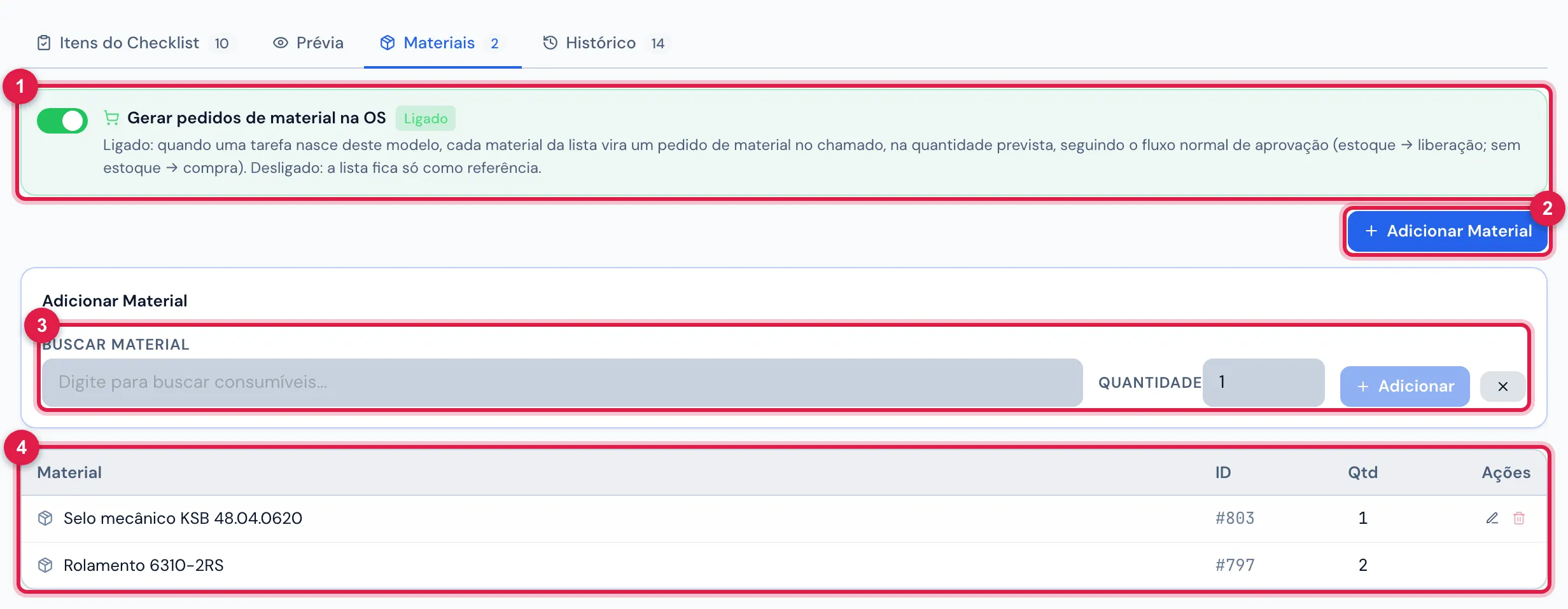 Aba Materiais de Troca do selo mecânico — bomba de recalque: a chave Gerar pedidos de material na OS ligada, o selo e os rolamentos, com a quantidade.