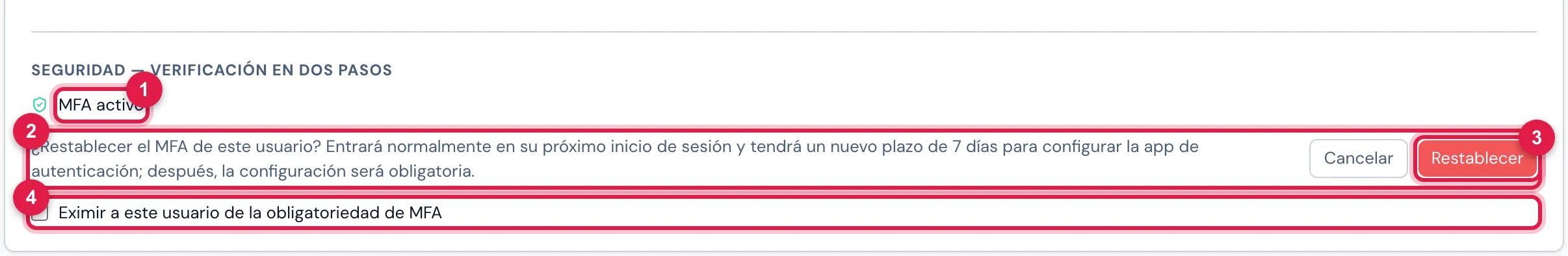 El bloque Seguridad — Verificación en dos pasos de un usuario con MFA activo, después de hacer clic en Restablecer MFA (el usuario perdió el acceso): la pregunta de confirmación, Cancelar y Restablecer (aquí, sin confirmar). Abajo, la casilla de exención.