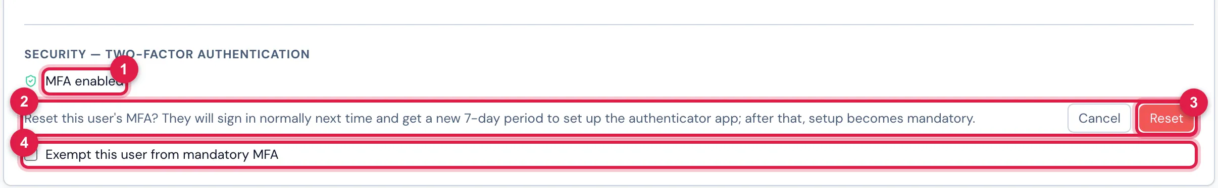 The Security — Two-factor authentication block of a user with MFA enabled, after clicking Reset MFA (user lost access): the confirmation question, Cancel and Reset (here, not confirmed). Below, the exemption box.