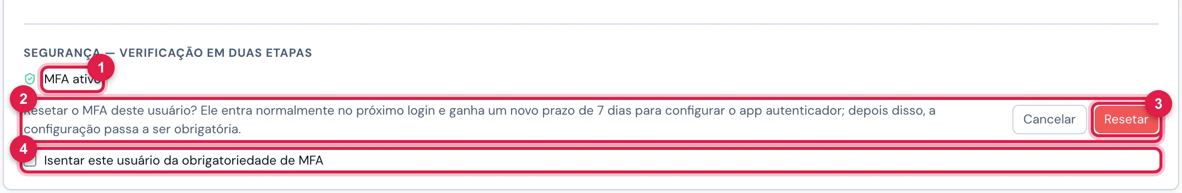 O bloco Segurança — Verificação em duas etapas de um usuário com MFA ativo, depois de clicar em Resetar MFA (usuário perdeu o acesso): a pergunta de confirmação, Cancelar e Resetar (aqui, sem confirmar). Abaixo, a caixa de isenção.