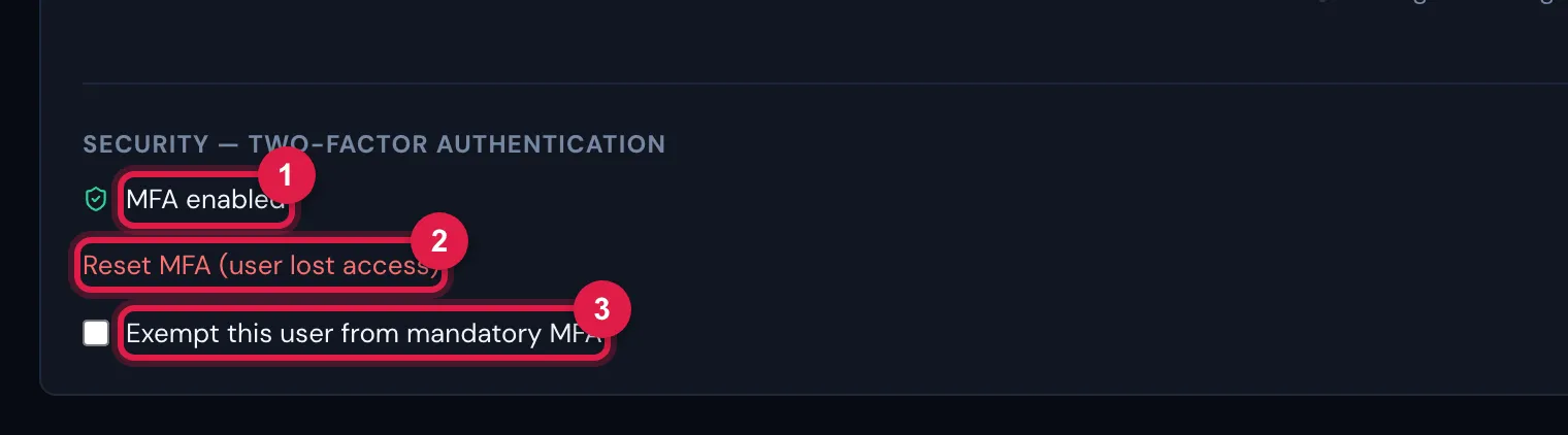 User record (People › Users › Details tab): the Security — Two-factor authentication block, with the status (MFA enabled), the Reset MFA (user lost access) link and the Exempt this user from mandatory MFA box.