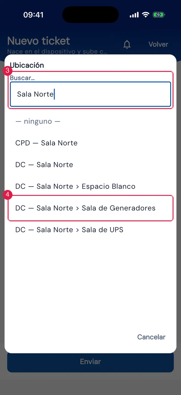 Nuevo ticket: búsqueda en Ubicación.