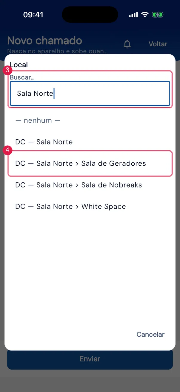 Novo chamado: busca no Local.