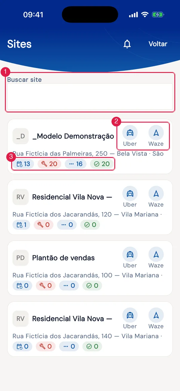 A lista Sites.