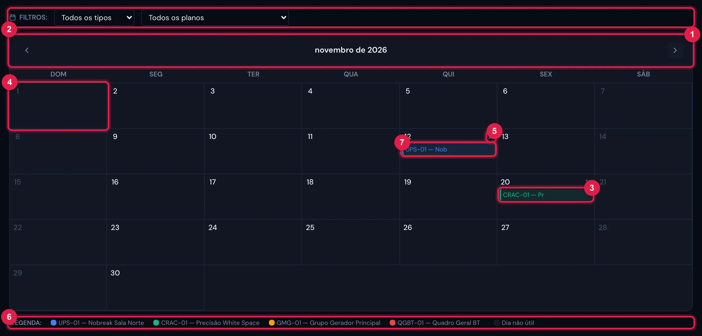 O calendário de novembro de 2026: um evento por chamado, dias não úteis em cinza, as horas de cada dia e a legenda.