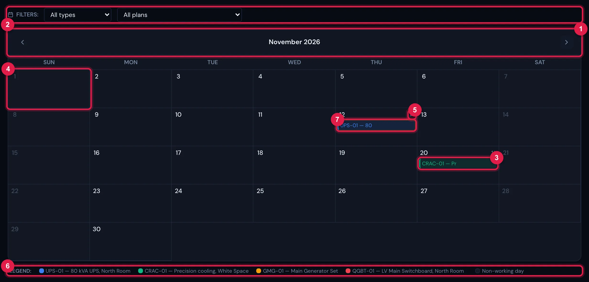 The November 2026 calendar: one event per ticket, non-working days in grey, the hours of each day and the legend.