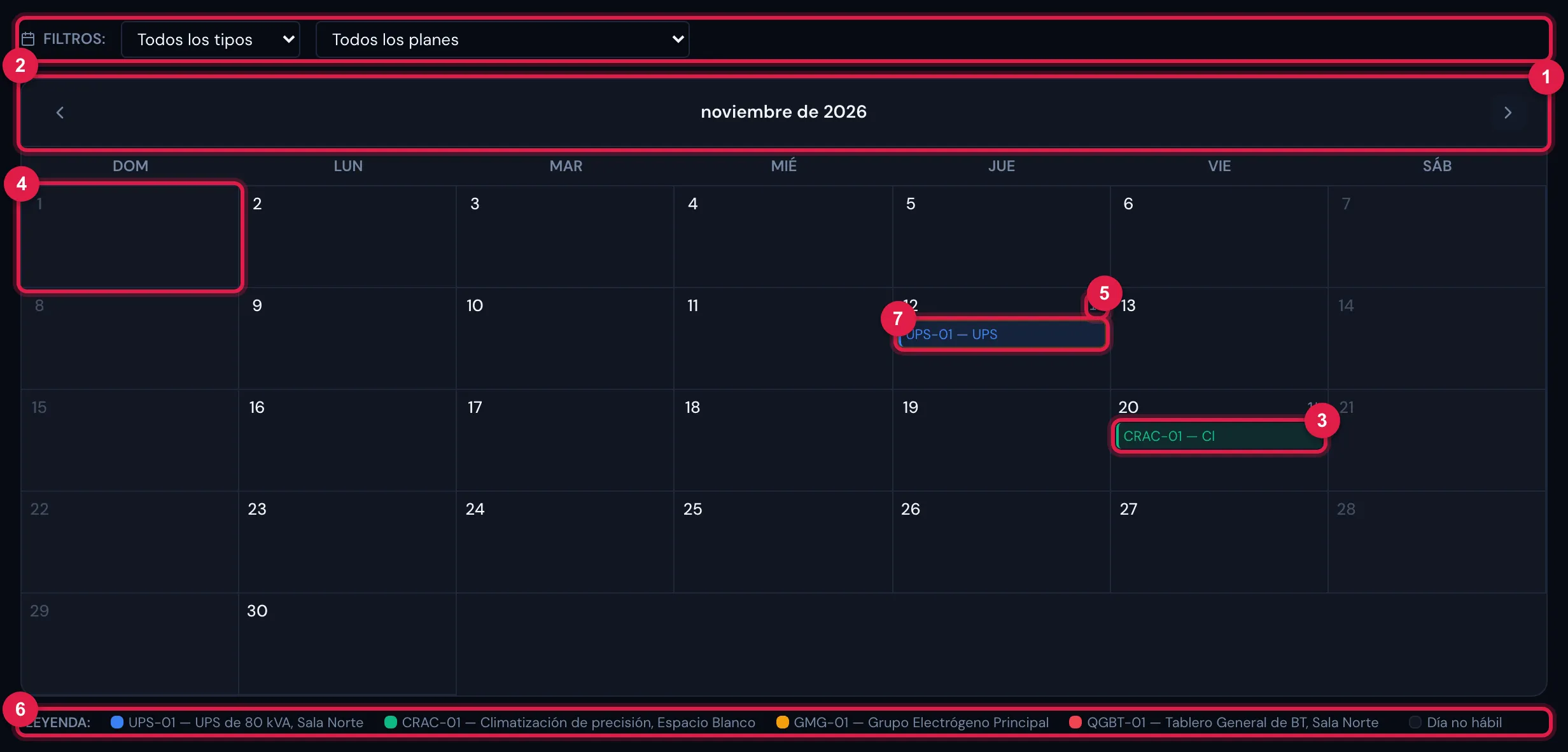 El calendario de noviembre de 2026: un evento por ticket, días no hábiles en gris, las horas de cada día y la leyenda.