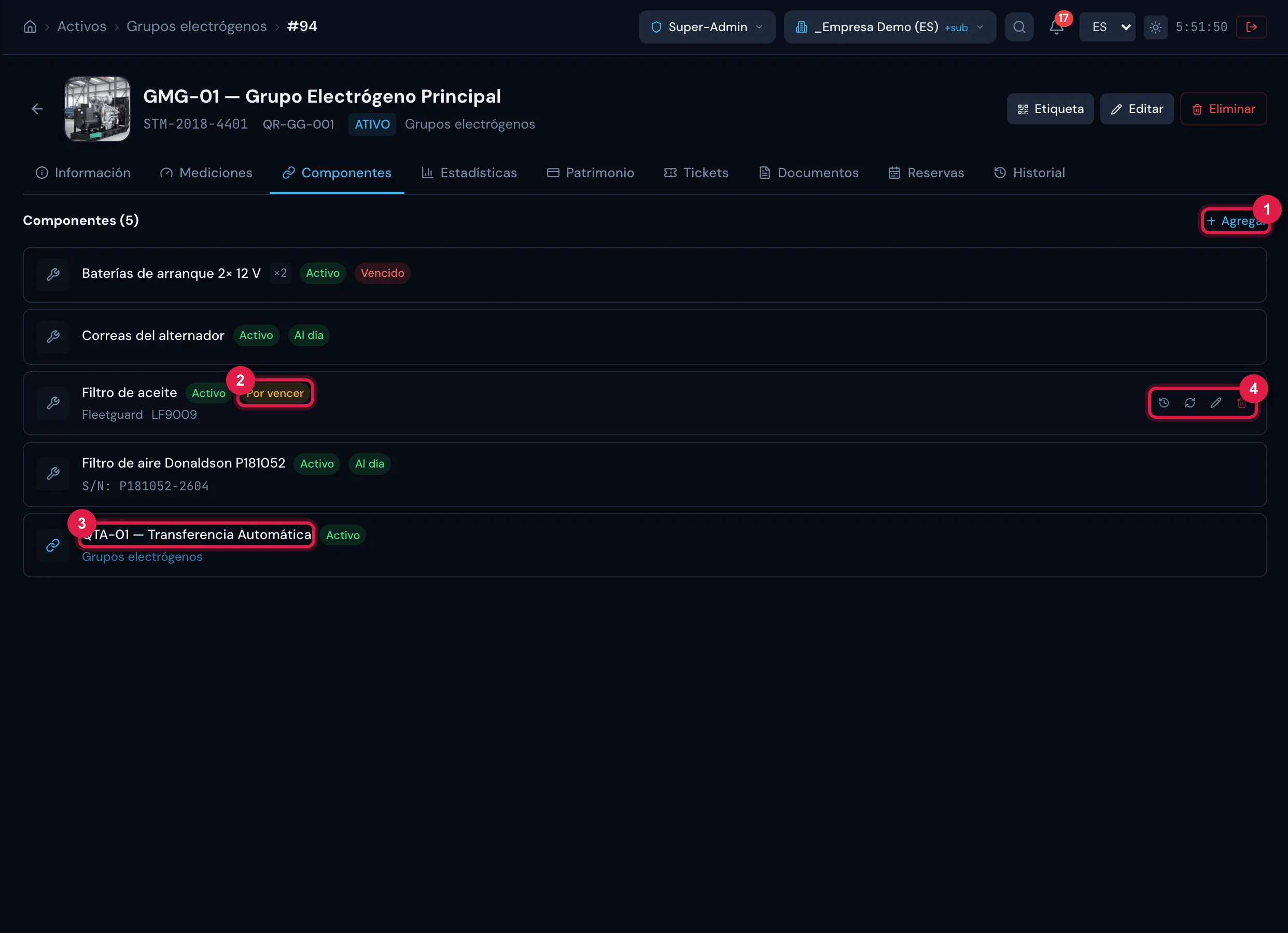 Pestaña Componentes del grupo electrógeno: cada componente con cantidad, situación del registro y la insignia de previsión de cambio (Al día, Por vencer, Vencido). Al pasar el mouse aparecen los botones de la fila.