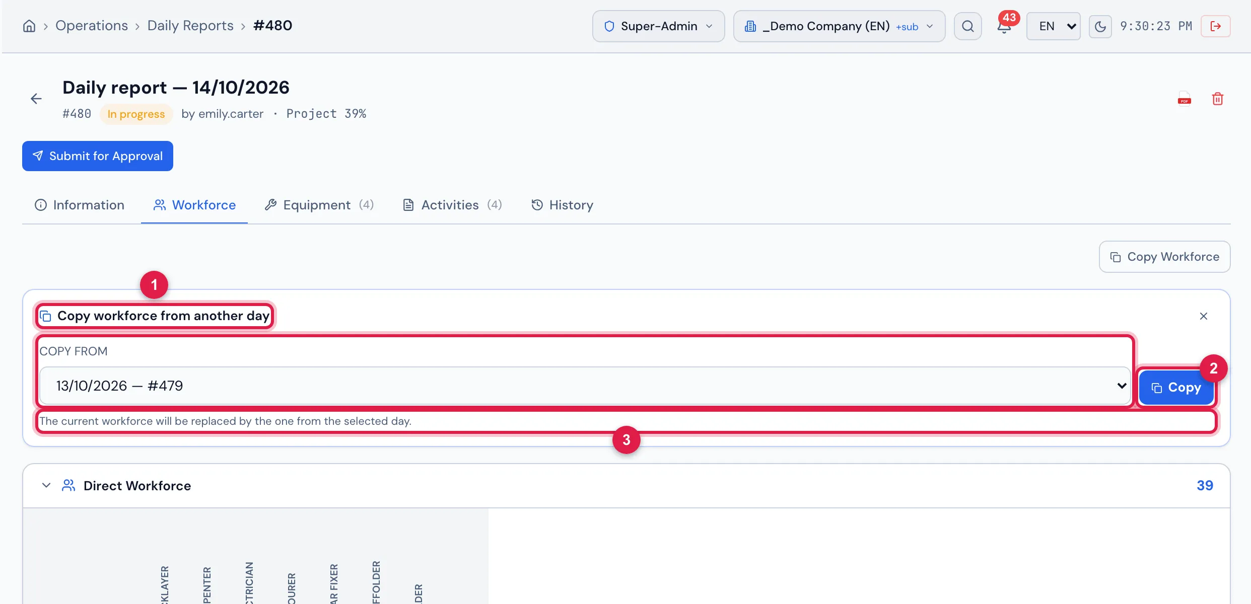 Copy Workforce open, with the previous day's daily report chosen as the source.