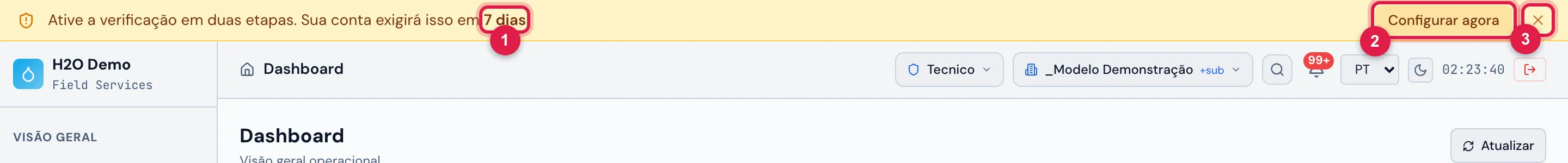 A faixa amarela do prazo, no topo de todas as telas do web: Ative a verificação em duas etapas. Sua conta exigirá isso em 7 dias.