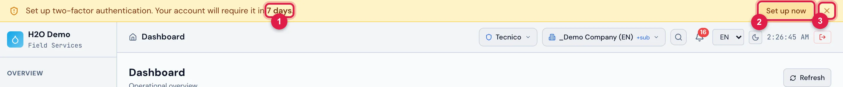 The yellow period strip, at the top of every web screen: Set up two-factor authentication. Your account will require it in 7 days.