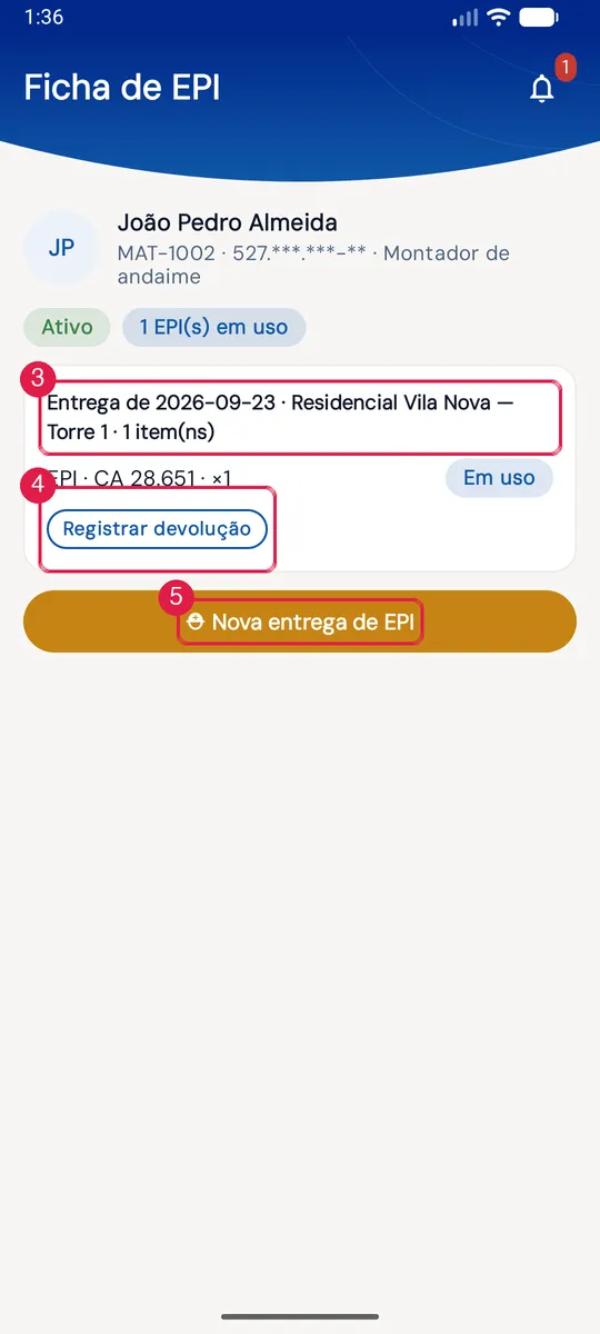Ficha de EPI no app.