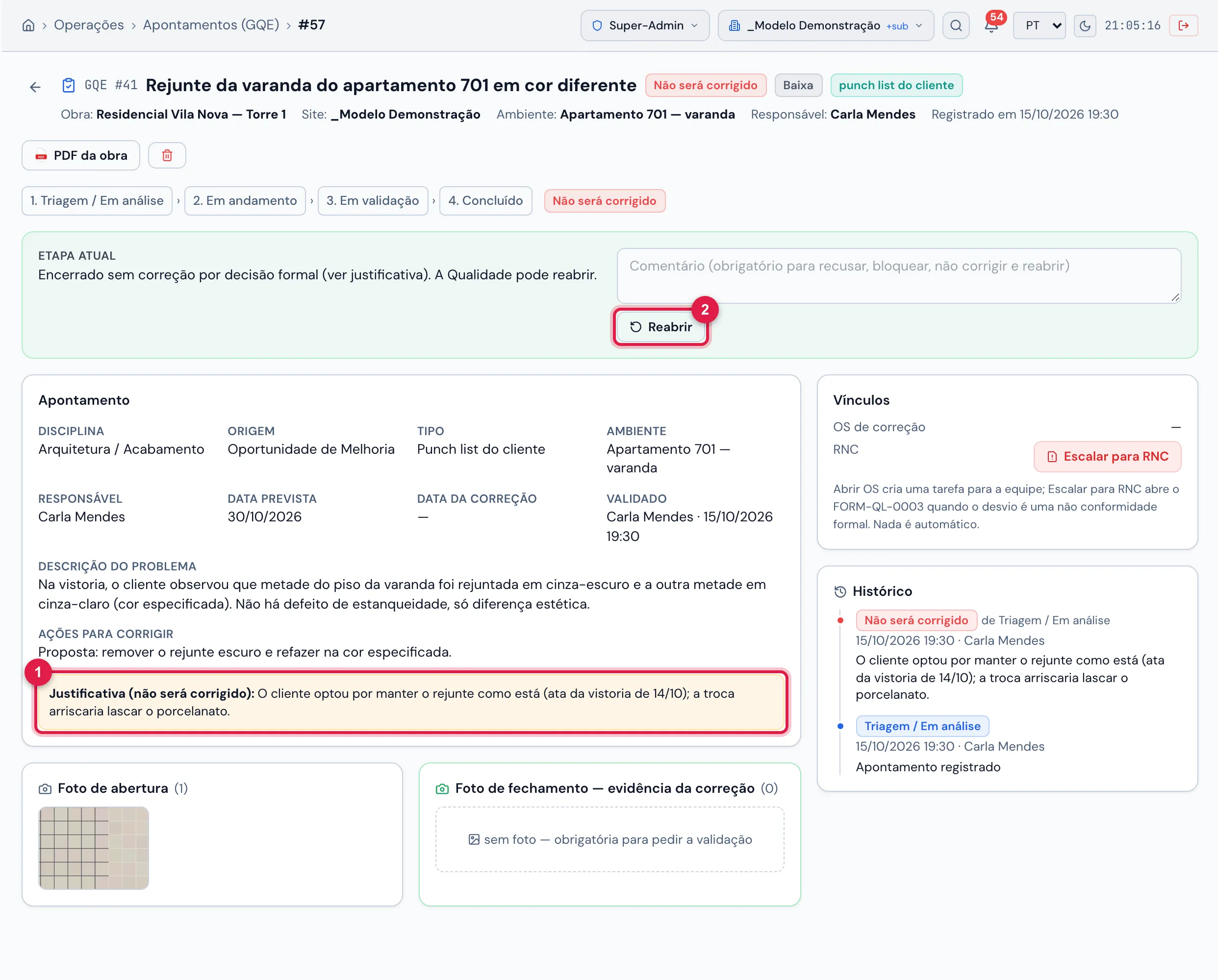 O GQE #41 "Rejunte da varanda do apartamento 701 em cor diferente", Não será corrigido: encerramento sem correção, com a justificativa — decisão da Qualidade.