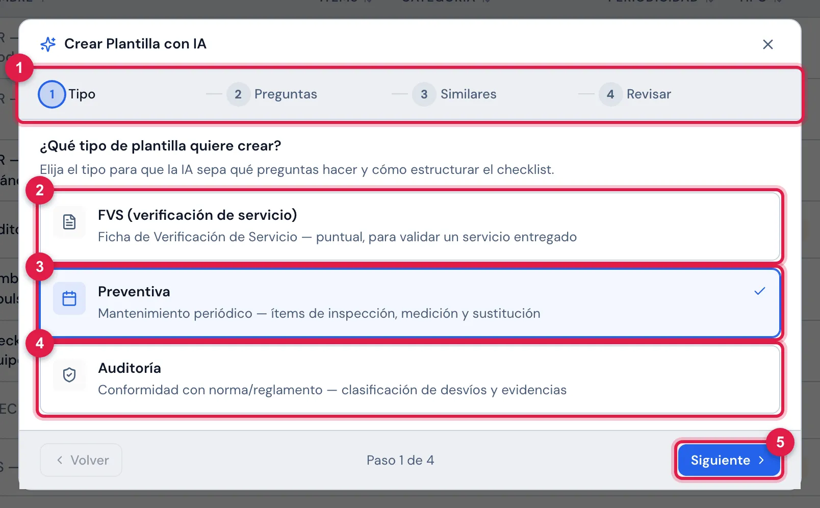 Paso 1: ¿Qué tipo de plantilla quiere crear? — Preventiva elegida.