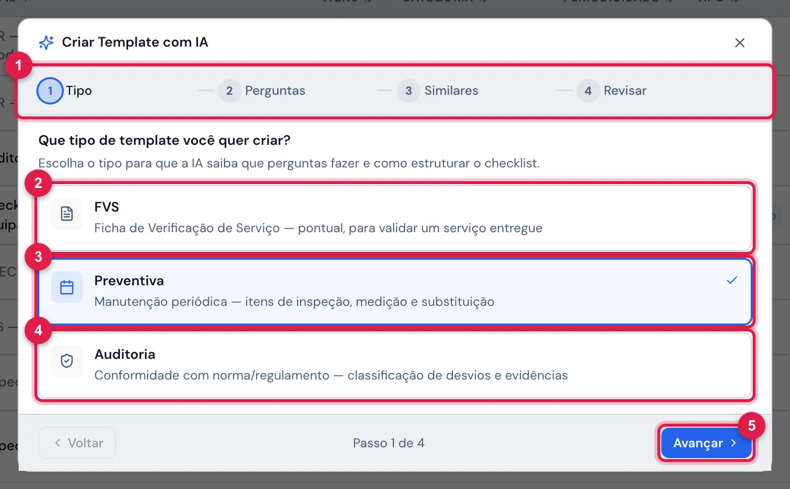 Passo 1: Que tipo de template você quer criar? — Preventiva escolhida.