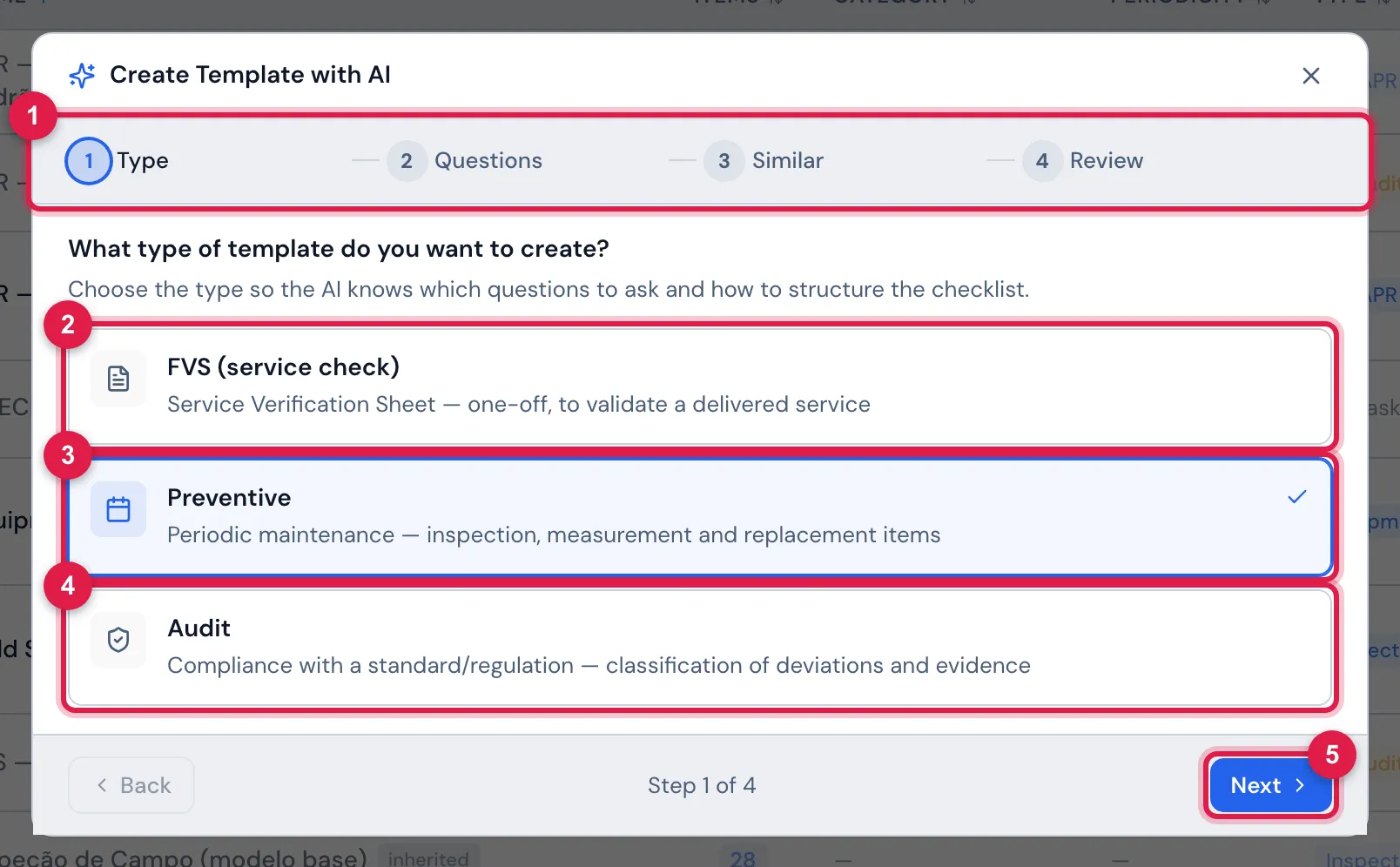 Step 1: What type of template do you want to create? — Preventive chosen.