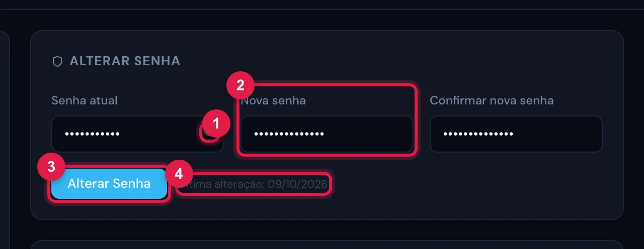 Meu Perfil › Alterar Senha com os campos preenchidos (ainda sem confirmar): Senha atual, Nova senha e Confirmar nova senha, o botão Alterar Senha, já habilitado, e a data da Última alteração:.