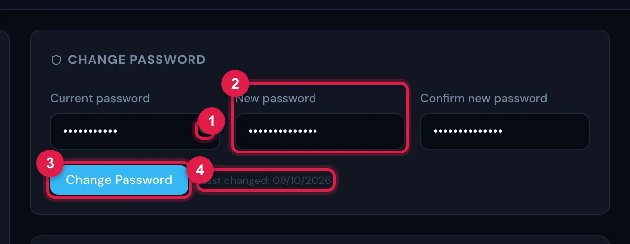 My Profile › Change Password with the fields filled in (not yet confirmed): Current password, New password and Confirm new password, the Change Password button, already enabled, and the date of the Last changed:.