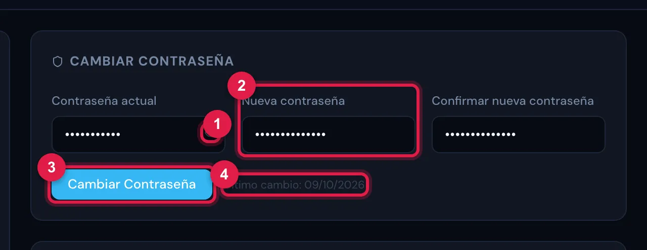 Mi Perfil › Cambiar Contraseña con los campos completados (todavía sin confirmar): Contraseña actual, Nueva contraseña y Confirmar nueva contraseña, el botón Cambiar Contraseña, ya habilitado, y la fecha del Último cambio:.