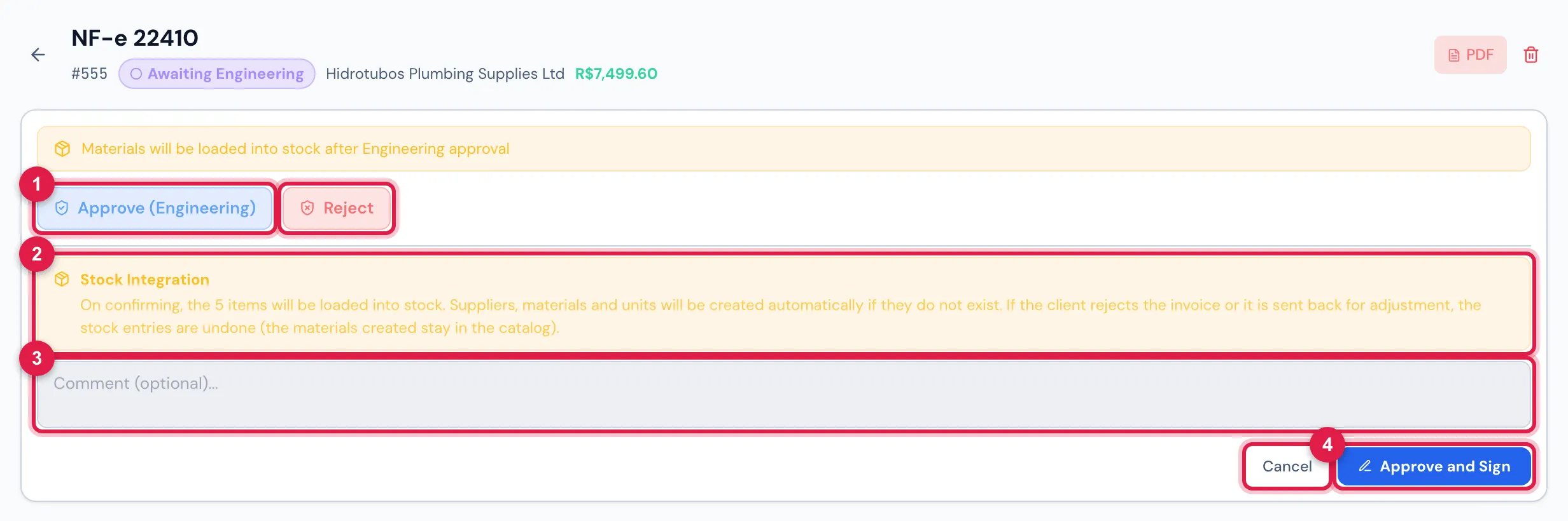 Engineering approving invoice 22410 from Hidrotubos, Awaiting Engineering: the stock notice before signing.